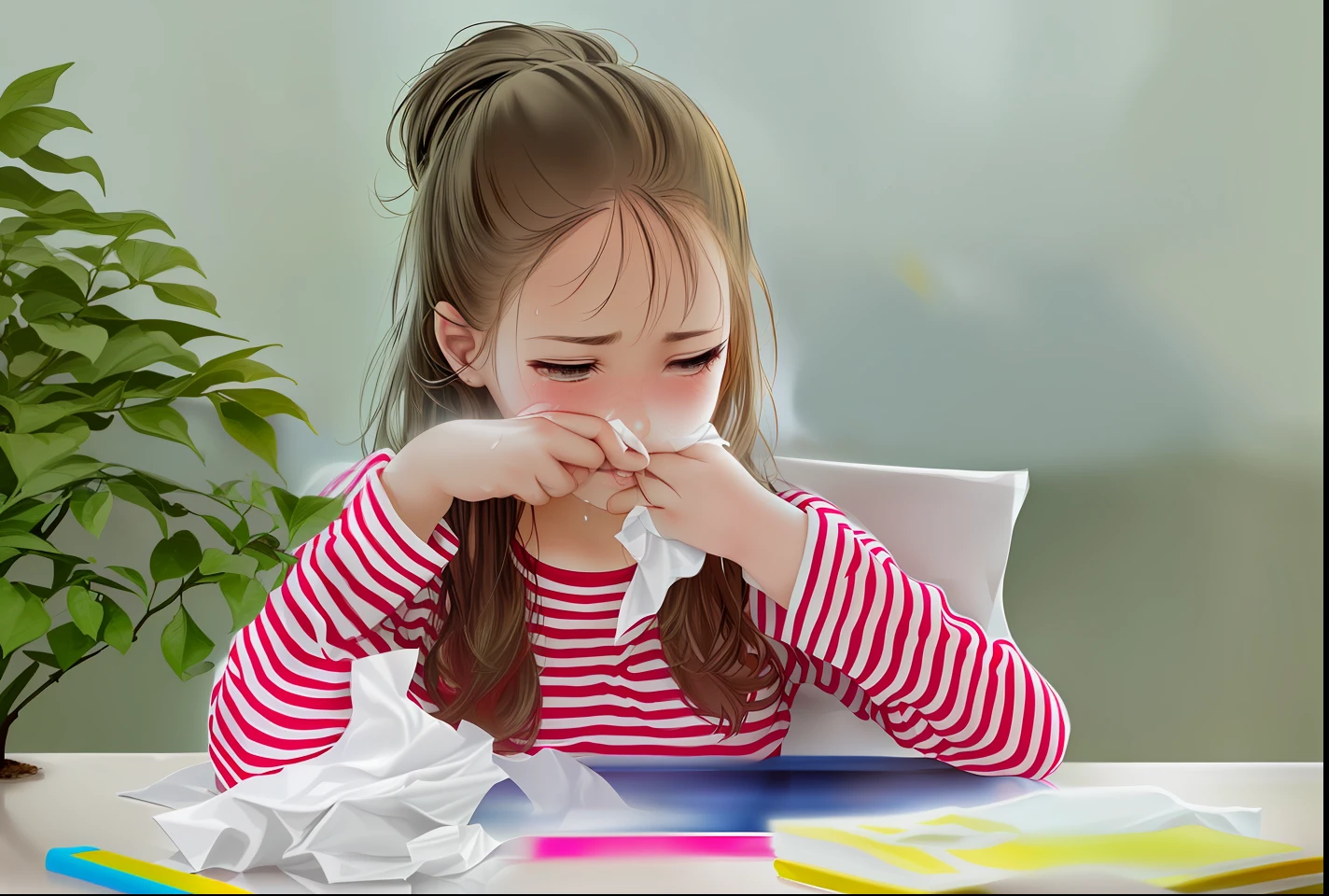 arafed girl sitting at a table with a tissue in her hand, sick with a cold, flowing mucus, coughing, snot, children, rain and thick strands of mucus, children's, sickness, shutterstock, drinking cough syrup, kids, a cold, closeup photograph, professional, art germ, full subject shown in photo, exclusive