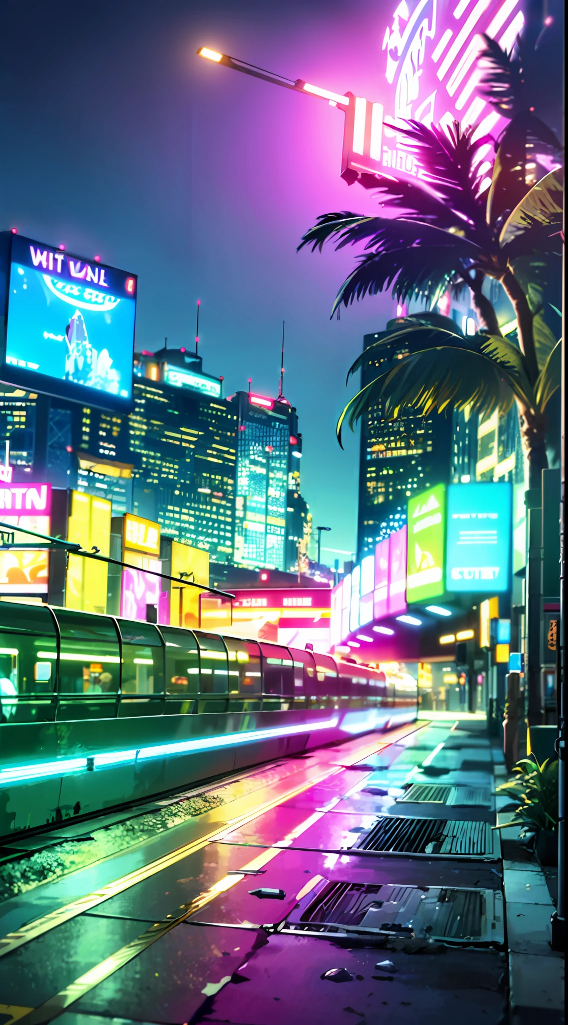 (masterpiece, detailed, high resolution:1.4), retrowave moon, train, open wet road, transformer, cyberpunk, cyberpunk 2077, cyberpunk night city neon background, sea, beach, palm trees, green-blue glitch effect, violet-pink neon glow, fluorescent yellow, light green, purple, mint