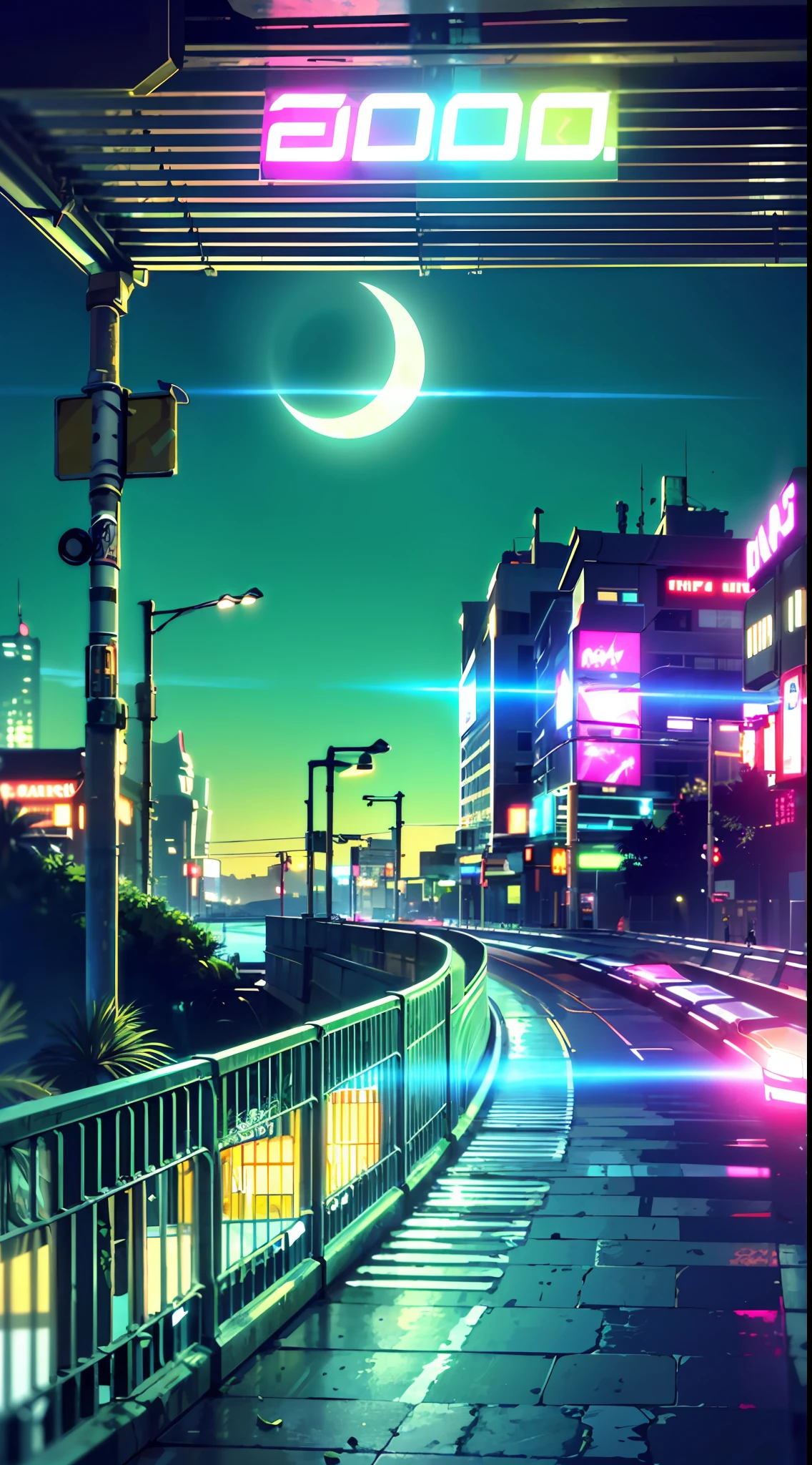 (masterpiece, detailed, high resolution:1.4), retrowave moon, train, open wet road, transformer, cyberpunk, cyberpunk 2077, cyberpunk night city neon background, sea, beach, palm trees, green-blue glitch effect, violet-pink neon glow, fluorescent yellow, light green, purple, mint