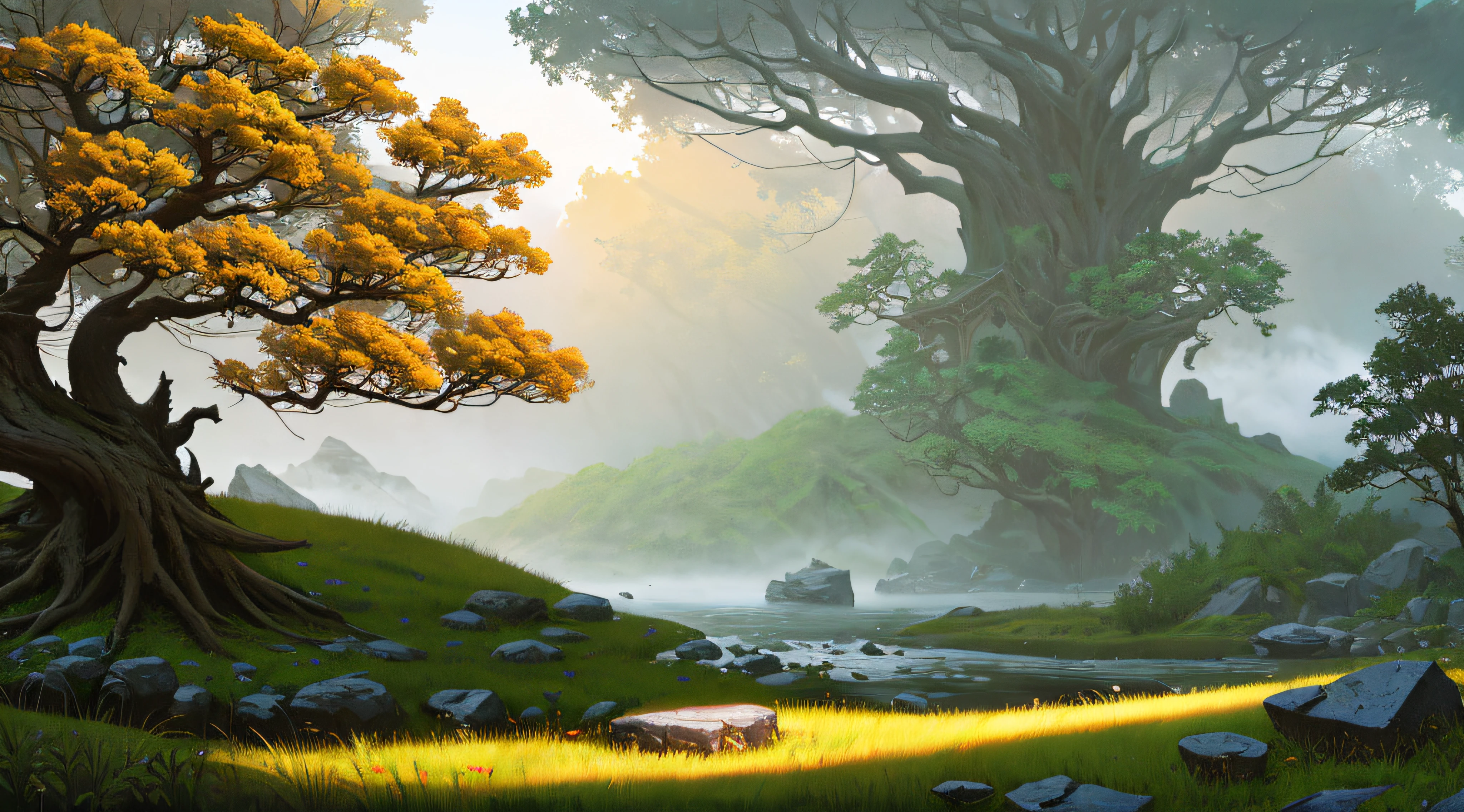 lush old tree flower, filigree, dwarf stones, vines, colorul flowers tree, grass, river stream, fantasy, hyperrealistic, dynamic lighting, hyper detailed, misty tress background, by WLOP, greg rutkowski, konstantin razumov