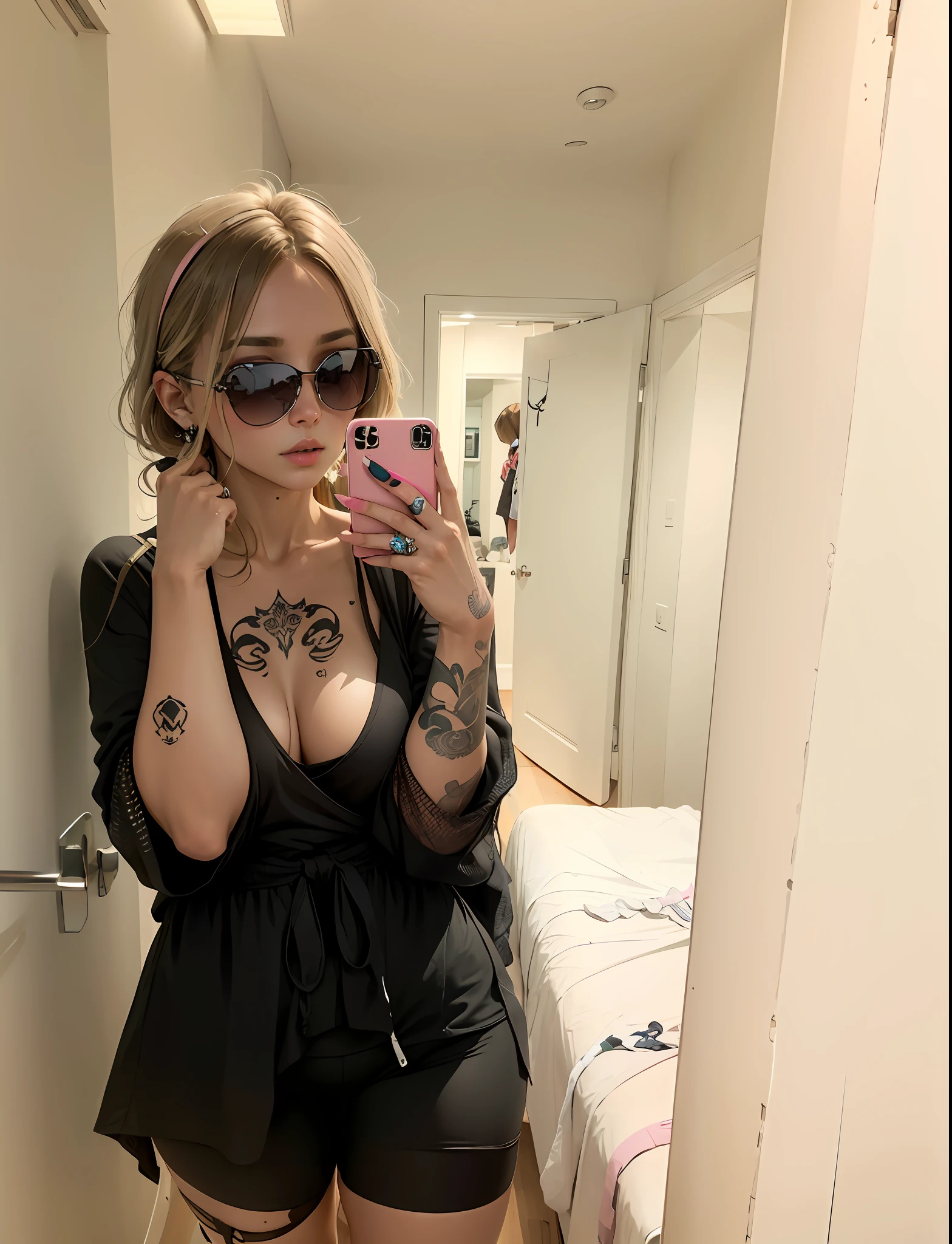 Cycling shorts in pink, big , waist narrower, sunglasses in neochrome, more skin visible and more tattoos on the body, whole body, in the