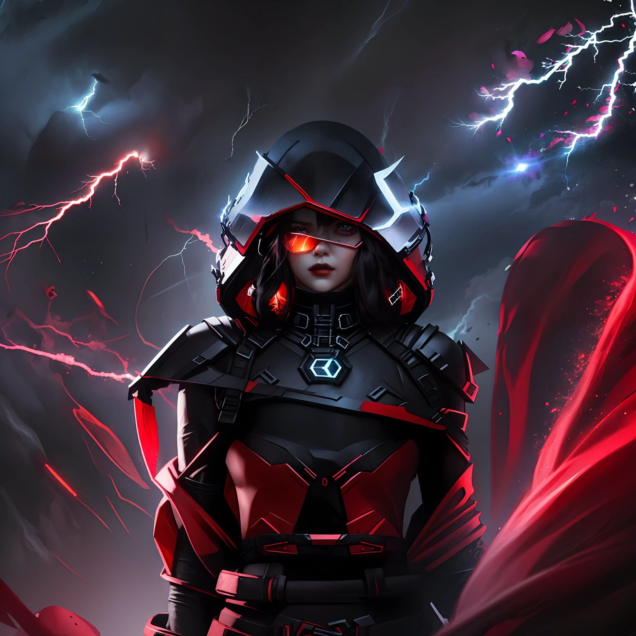 Red hood with black trim, red hair, black lips, futuristic visor, Lightning bolt on chest, battle uniform