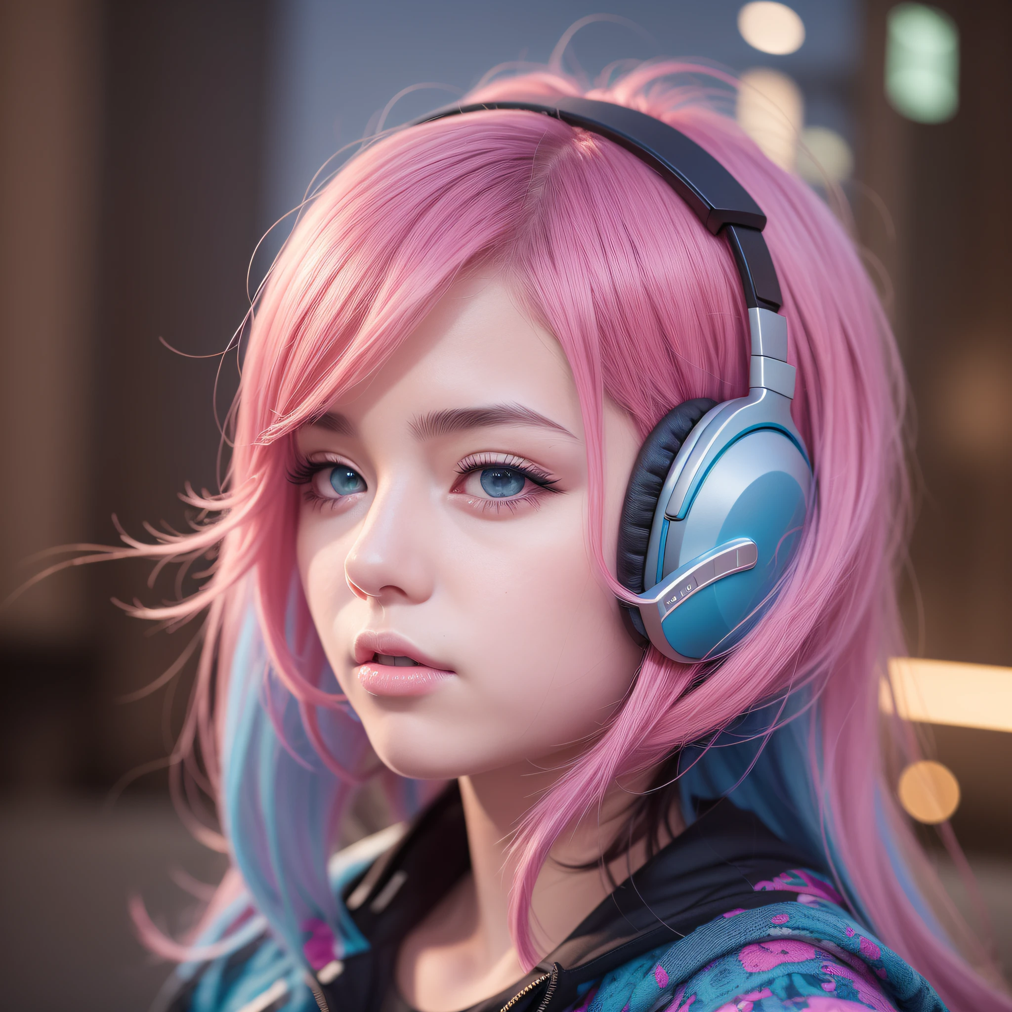 girl with headphones,pink hair blue eyes Cyberpunk,8K extremely detailed, smooth, high resolution, ultra quality, highly detailed eyes, highly detailed mouth, highly detailed face, perfect eyes, both eyes are equal, true light, brightness, iridescent, global lighting, real hair movement, real light, real shadow, real face, hd, 2k, 4k, 8k, 16k, realistic light, realistic shadow, bright eyes, fluorescent eyes, soft light, dream light,anime, 3d, japan, pixar, masterpiece, best quality, half body, portrait, night city