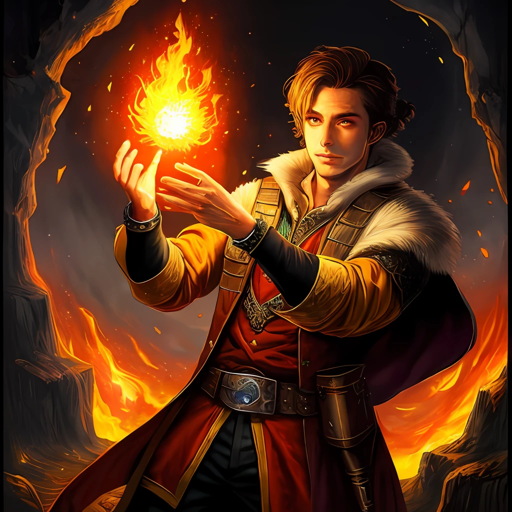 A male D&D bard conjuring fireball, fantasy art, 8K
