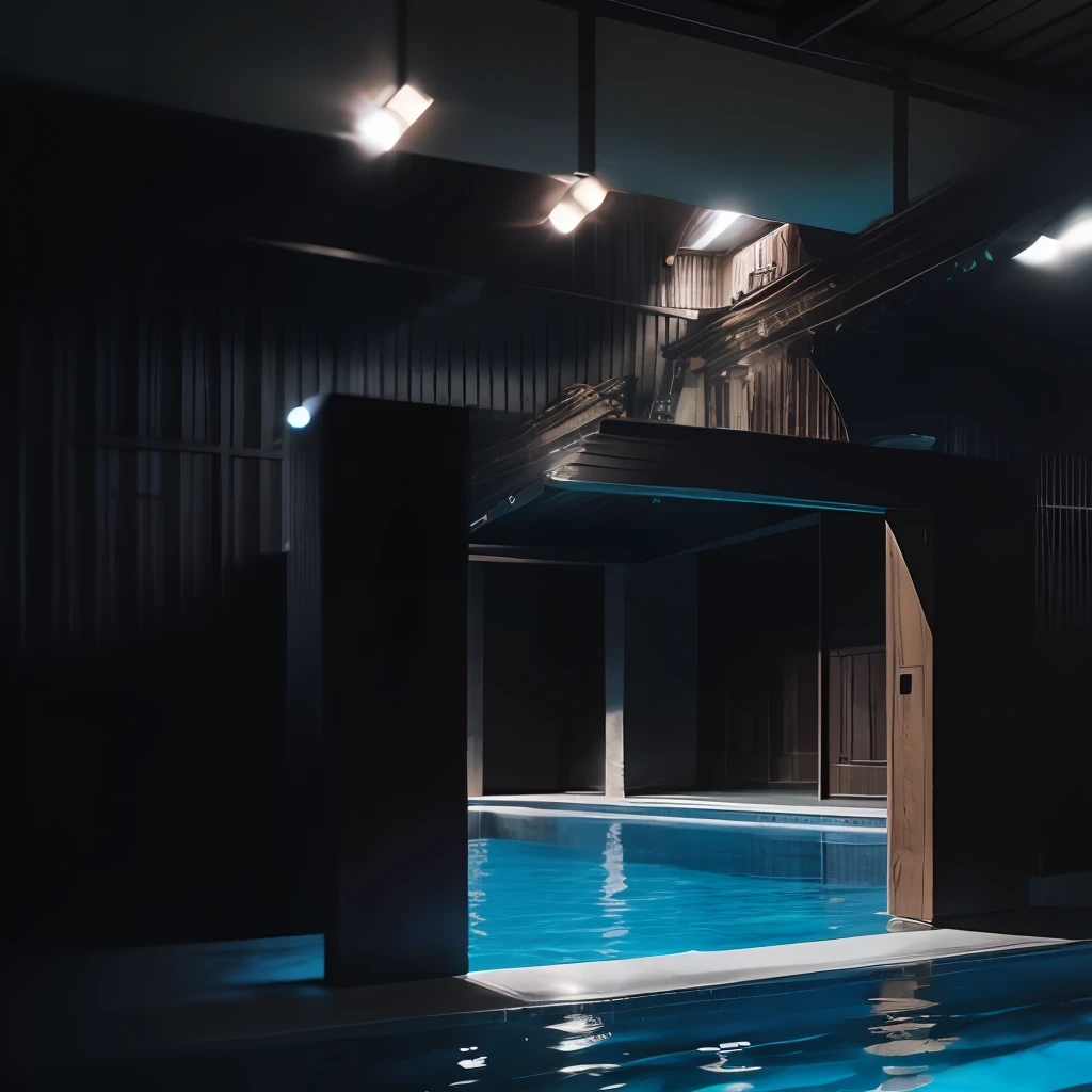 vintage swimming pool without water, big space with big door in back