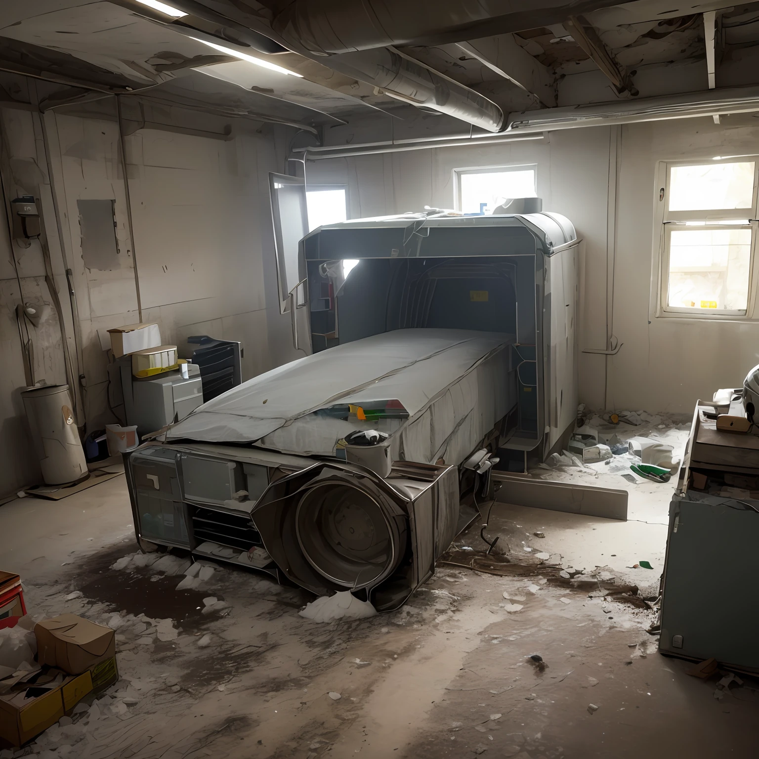 room with large science fiction generator in a frozen room, with old and new machines, dirty, apocalyptic powder, inside a bunker, enclosed environment --auto
