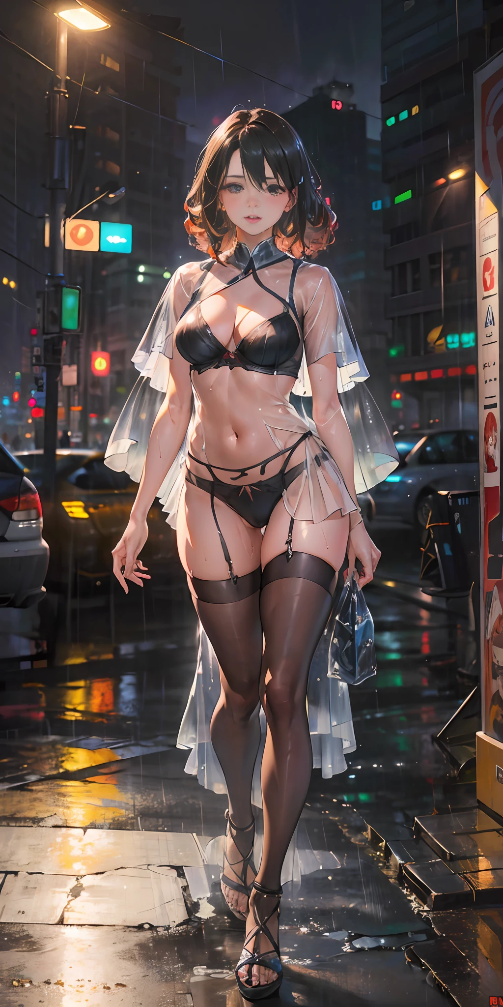Full body view, 1girl, 18 years old, (8k, RAW photo, best quality, hyper realistic, masterpiece:1.5), (wearing organza see-through bra and orge see-through short mini skirt), (see-through:1.7) cute,light fair skin,(wet body), (night), (city lights),(medium rain), humid,( professional lighting), photon mapping, radiosity, physically based rendering, ultra resolution, (big breasts:1.2), dark hair with red highlights, (photorealistic:1.6) camel toe, transparent clothes, visible pubic dark curly hair, Skimpy open thong, shiny skin, wet clothes, --auto --s2