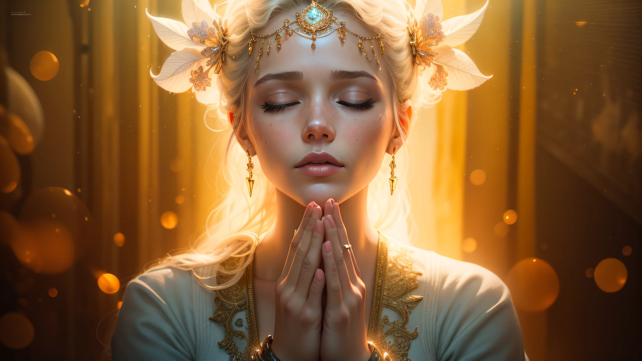 photorealistic portrait of a beautiful woman praying, fingers and hands without mistakes or crooked, perfect face, perfect mouth and eyes ((kneeling posture: 1.5)), light hair, 25 years old, stunning realistic photography, (water hair: 1.2), ( sweater: 1.2), eyes closed, full length, cover, hyperdetailed painting, luminism, bar lighting, complex, 4k resolution concept art portrait by Martina Fačková and Prywinko Art, Artgerm, WLOP, Alphonse Mucha, small fusion steampunk realistic pojatti , bioluminescens fractal isometry details: Stunning color hyperrealistic cover photo, hand-drawn, dark, gritty, very realistic, klimt, erte .12k, intricate. definition of success, cinematic, rough sketch, mix of bold dark lines and loose lines, bold lines, on paper, full body in velvet dress, humanoid, {{{{full body}}}}. --auto --s2