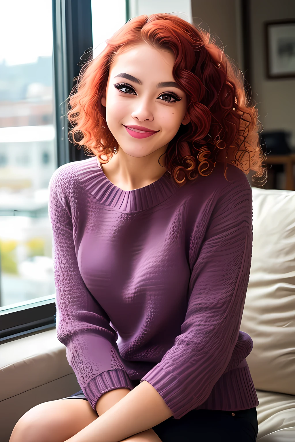 RAW photo, (a portrait photo of a warrior from 30y.o.:1.2), dim lit, (sitting, inside the city:1.1), (small breasts:1.3), (happy:1.1), (highly detailed skin:1.0), detailed eyes, 8k uhd, dslr, soft lighting, best quality, film grain, Fujifilm XT3, (small:1.2), (wearing sweater and pants:1.2), (Pin up Girl style:1.1), short hair, ponytail hair, (curly hair:1.1), (red hair:1.2), (oily hair:0.8), (eyeliner:1.1), , (Brazilian woman:1.2)