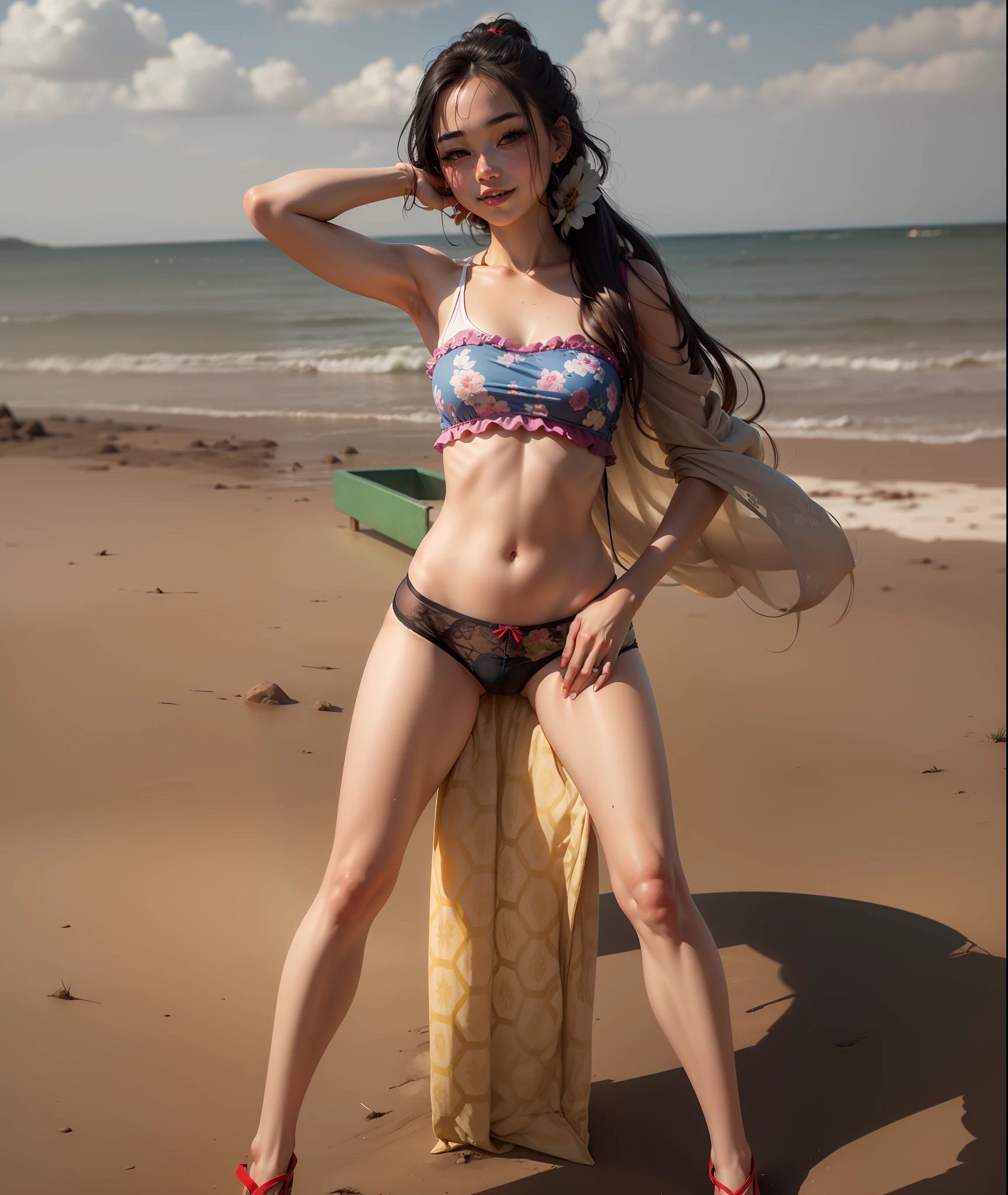 Red Panties, Light Red Panties, Transparent Blue Bikini, (High Definition CG Unified 8k Wallpaper), (Masterpiece), (Best Image Quality), (Super Definition), (Best Illustration), (Best Shadow), (Realism: 1.4), (PureFace_V1:0.5), Real Human Skin, Flare Lens, Sunny, Backlight, Flowers, Depth of Field, Natural Light, Hard Focus, Film Grain, Looking at the Viewer, (Cowboy Shooting: 1.8), Low position shot, angle from which the crotch of panties can be seen, ((Left and right legs open on bench: 1.4)), 1 girl, younger than , Only, small and thin girl, Young Japan body shape,e skin, clean and healthy smile, soft cherry colored lips, (light eyebrows: 1.4), small breasts, bright black eyes, (flattened chest: 1.4), (Medium black hair: 1.1), (( G thin pure-string panties), (camel's paw: 1.8), (open legs: 1.8)), pure white underwear, (taken at an angle where the pants can be seen: 1.4), (Loli: 1.6), beautiful big eyes, (raised corners of the mouth: 1.4), girl figure, protrusions visible on the chest, Pretty armpits, groin bite, (transparent white sweater: 1.6), no eye makeup, The skin is see-through from the underwear, the clothes and underwear are soaking wet (with the right hand raised and the hair is over the ears), chubby and round face, facing right, Kneeling, sky with beautiful details, as details (crowd: 1.2), park, (nose blush), (coy smile: 1.8), eyes with hollow details, floating hair, transparency, symmetric eyes, big black eyes, staples, ponytail