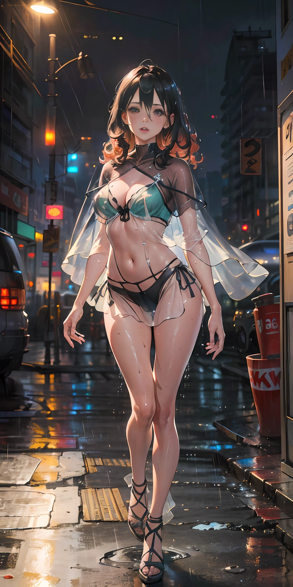 Full body view, 1girl, 18 years old, (8k, RAW photo, best quality, hyper realistic, masterpiece:1.5), (wearing organza see-through bra and orge see-through short mini skirt), (see-through:1.7) cute,light fair skin,(wet body), (night), (city lights),(medium rain), humid,( professional lighting), photon mapping, radiosity, physically based rendering, ultra resolution, (big breasts:1.2), dark hair with red highlights, (photorealistic:1.6) camel toe, transparent clothes, visible pubic dark curly hair, Skimpy open thong, shiny skin, wet clothes, --auto --s2