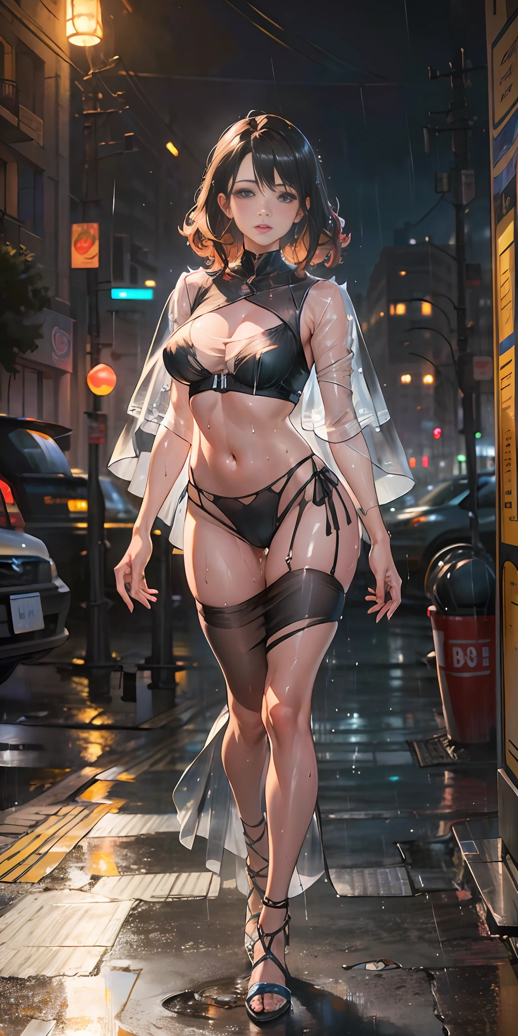 Full body view, 1girl, 18 years old, (8k, RAW photo, best quality, hyper realistic, masterpiece:1.5), (wearing organza see-through bra and orge see-through short mini skirt), (see-through:1.7) cute,light fair skin,(wet body), (night), (city lights),(medium rain), humid,( professional lighting), photon mapping, radiosity, physically based rendering, ultra resolution, (big breasts:1.2), dark hair with red highlights, (photorealistic:1.6) camel toe, transparent clothes, visible pubic dark curly hair, Skimpy open thong, shiny skin, wet clothes, --auto --s2