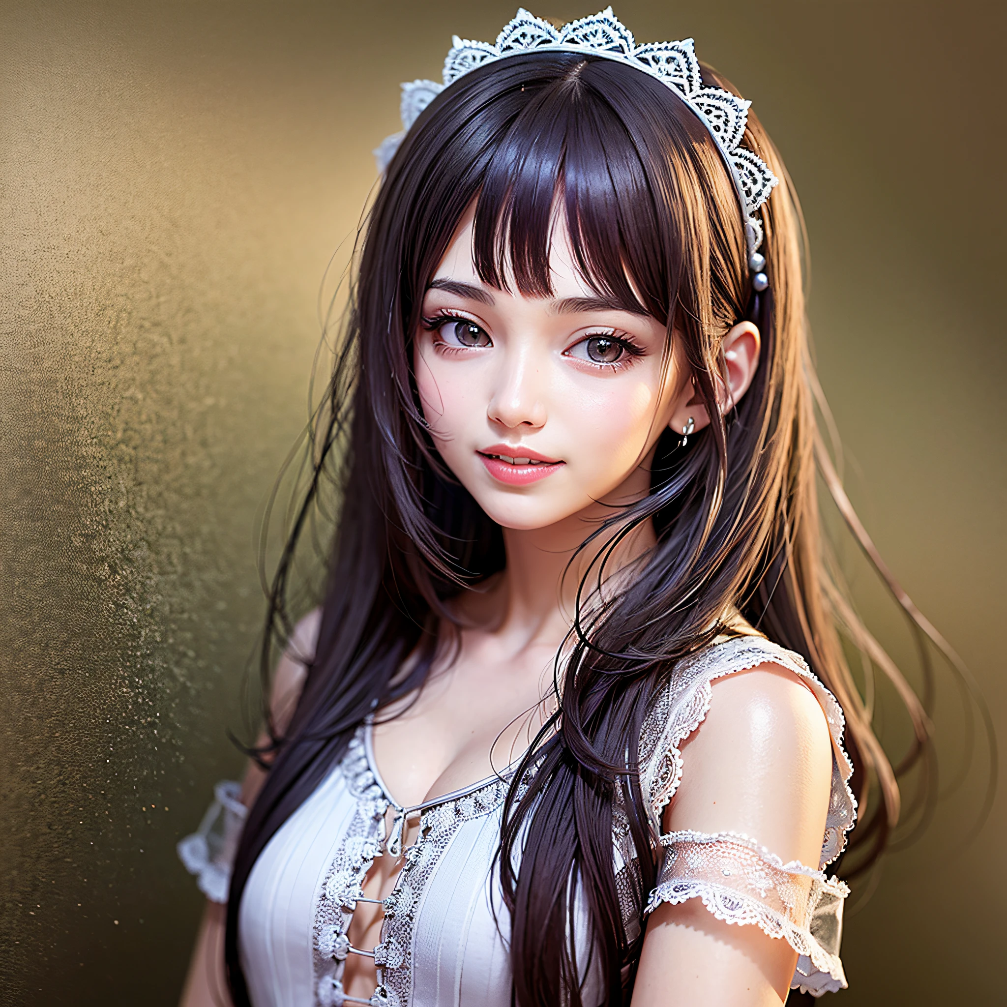 Masterpiece, top quality, pretty girl, 16 years old, innocence, long hair, front upper body, smile, red lips, long and neat face,