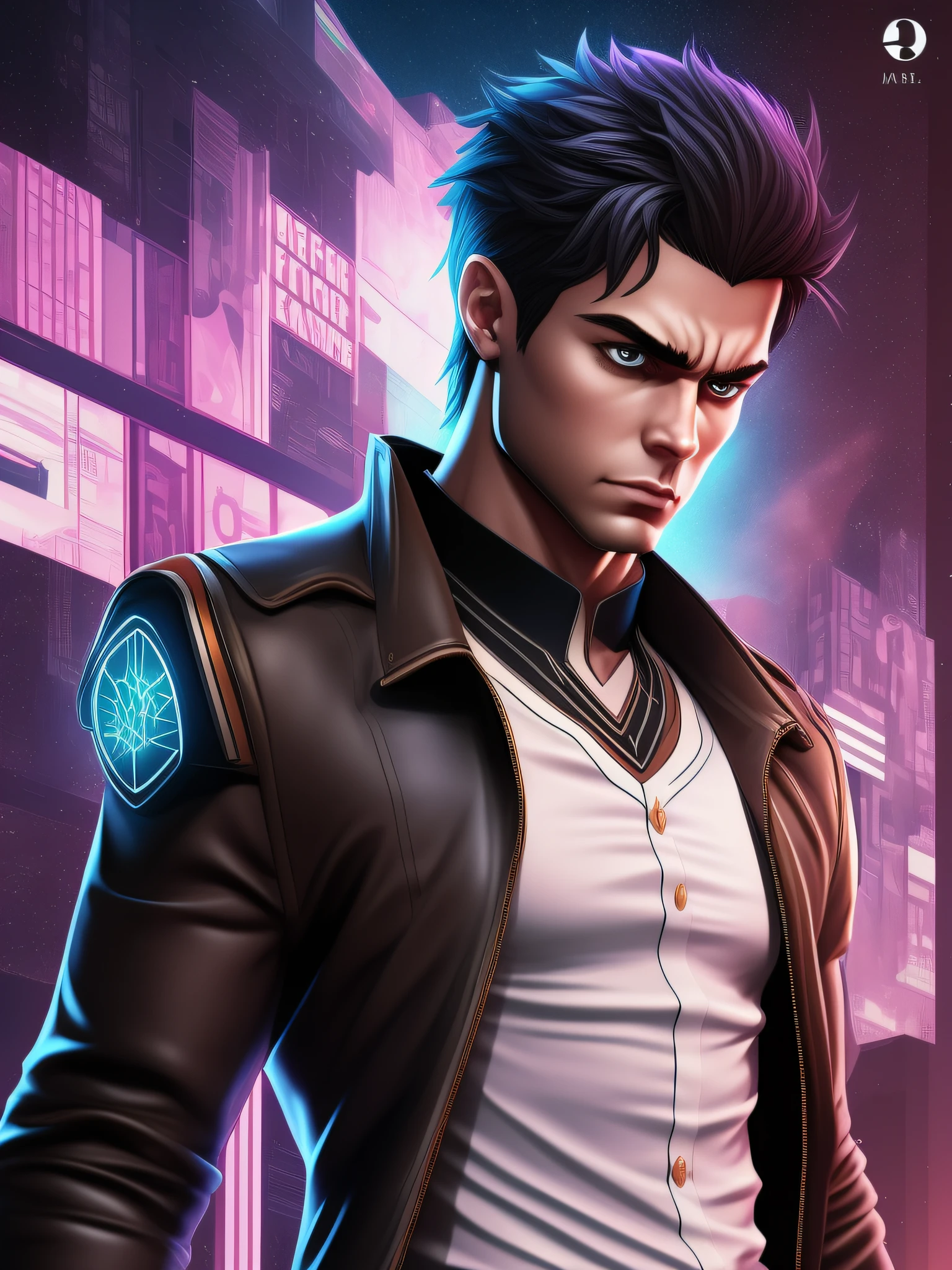 magazine cover featuring a central Fortnit-style (male character). He stands confidently in the center of the poster, wearing a style and bold outfit, with a determined expression on his face. The background is clear and brave, with a sense of danger and intensity.
