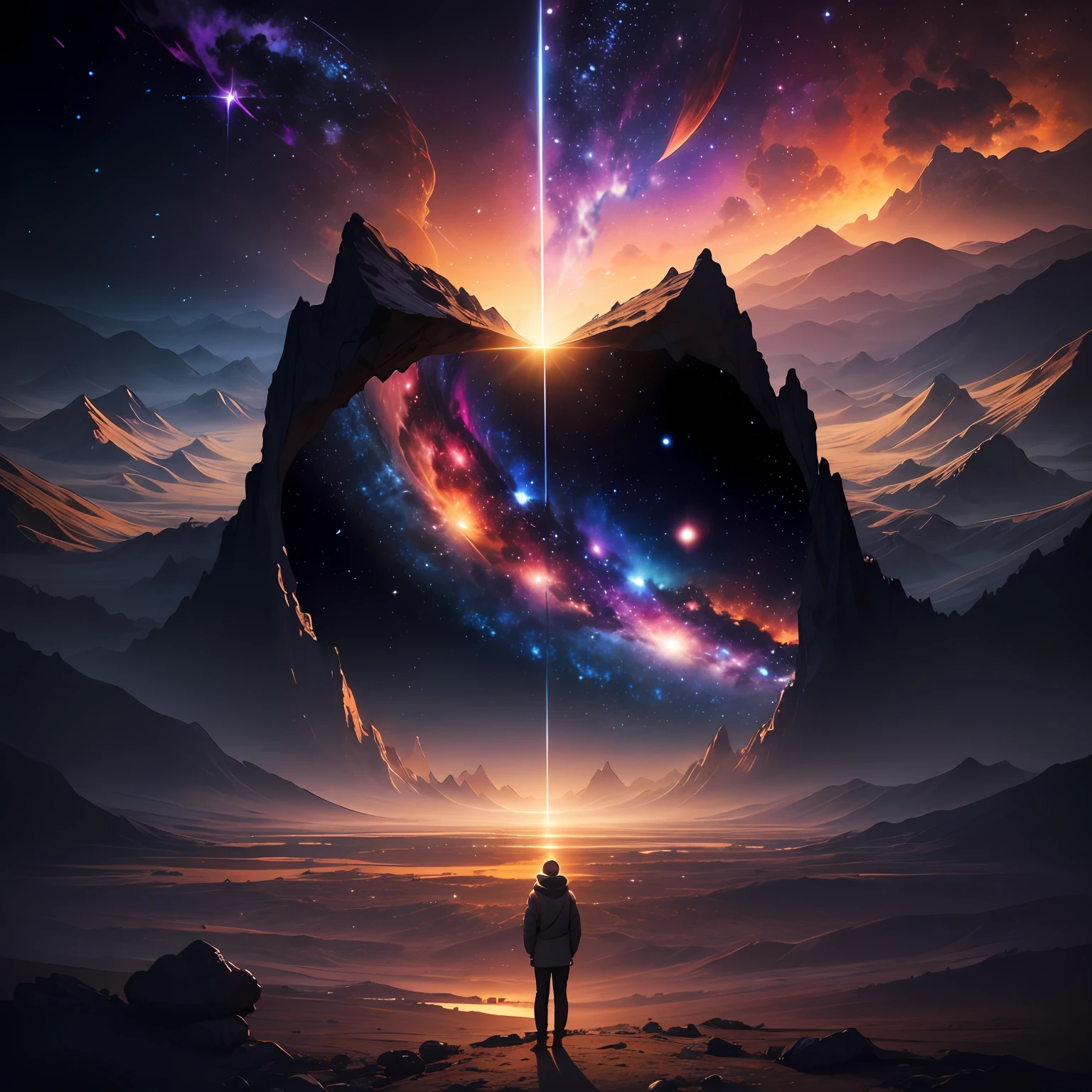 Describe a profile picture that captures the vastness and wonder of the expanding universe. Best quality, man, The image should present a breathtaking view of the stars, galaxies and nebulae, conveying a sense of infinity and mystery. The cosmic colors and subtle details should evoke a sense of wonder and arouse curiosity about the connection between the cosmos and human existence. The image should convey a sense of depth and mystery, inviting viewers to explore the secrets of the universe and reflect on their own existence --auto