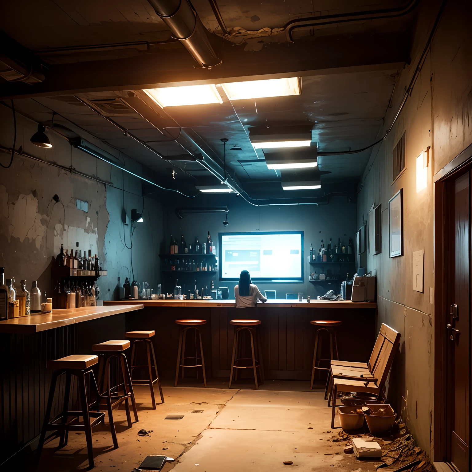 bar, inside a bunker in an enclosed place, post-apocalyptic, artificial colored lights, women little clothing, bar, enclosed place --auto