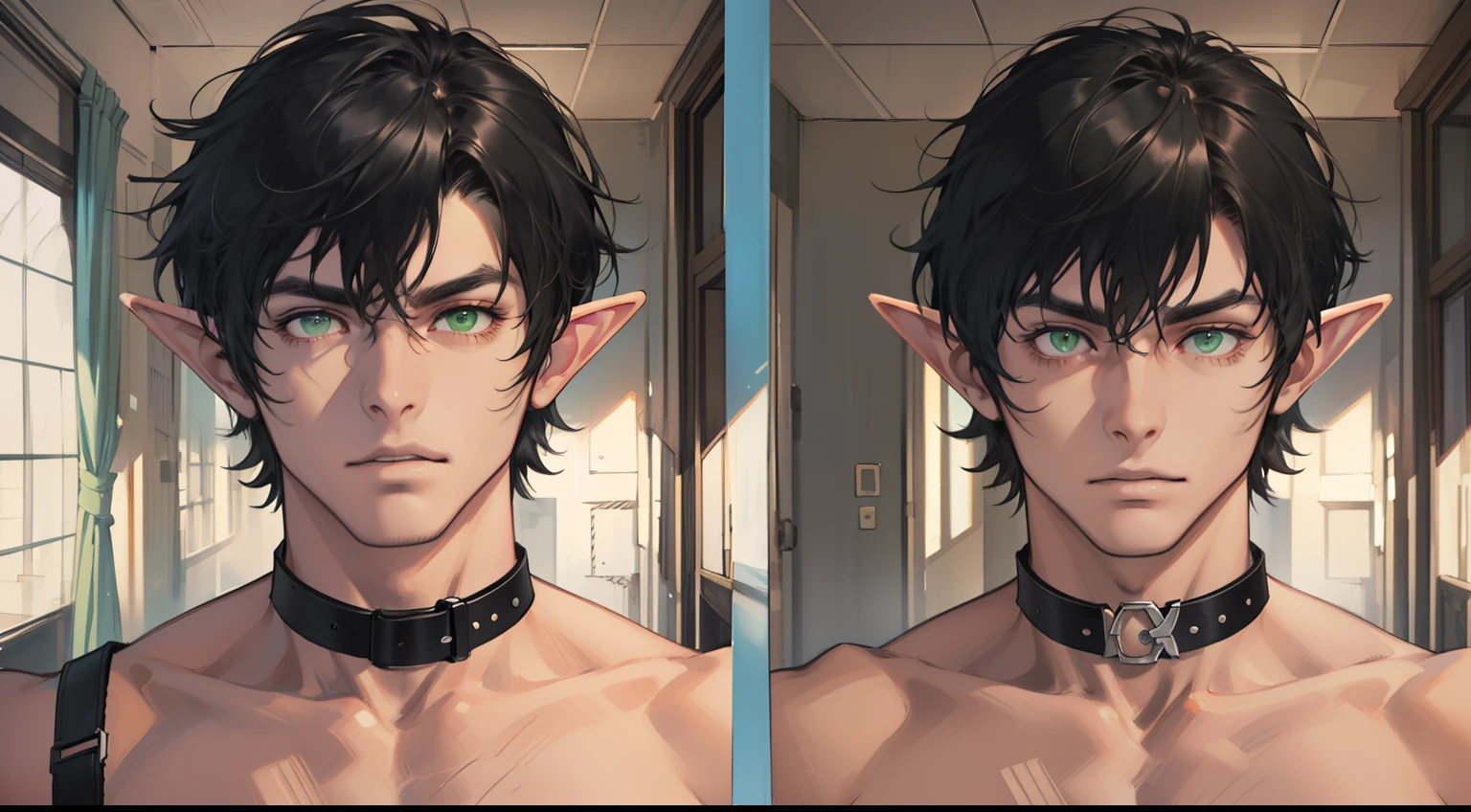 (absurdres, highres, ultra detailed), 1 male, elf adult, handsome, tall slender guy, narrow eyes, narrow shoulders, finely detailed eyes and detailed face, messy shaggy black hair, side bangs, bangs, green eyes, sexy twink, shirtless, final fantasy 14, dog collar, full body shot, backside, back view, submissive expression, bad boy