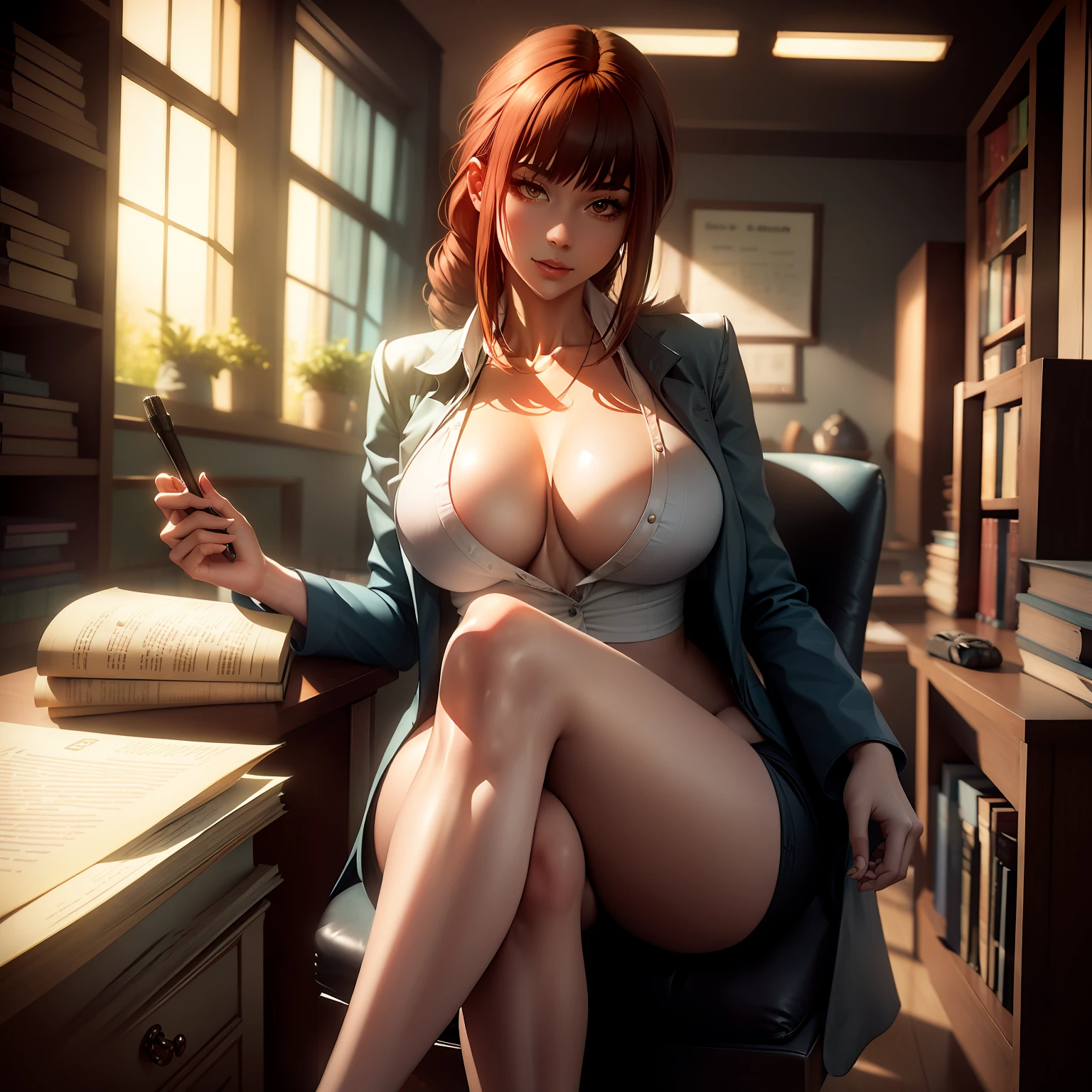 1 garora, large breasts with cleavage, crossed legs, sitting in an office, desk full of books, sensual face, spectator view.