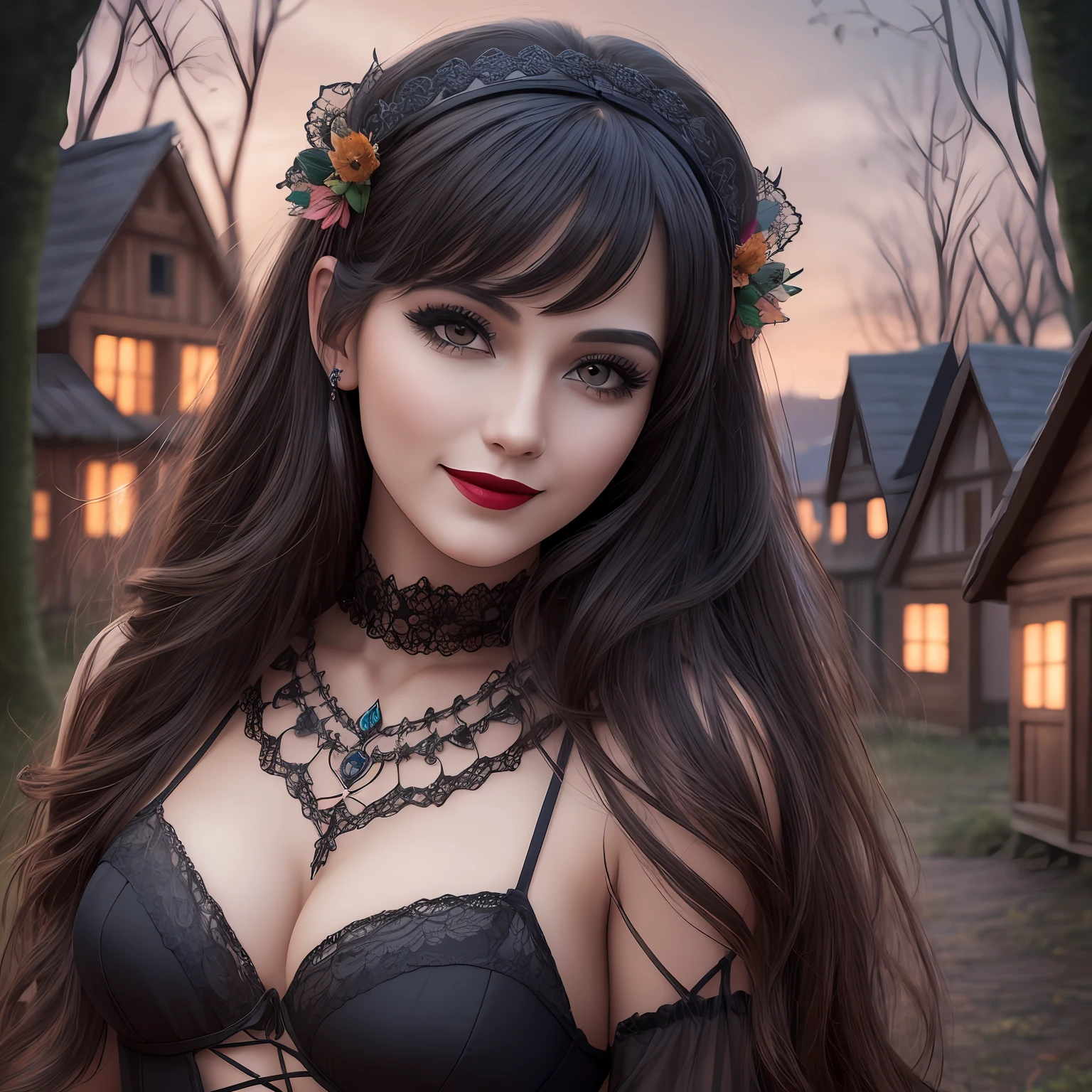 realistic, a photo of a beautiful gothic horror woman in a black lake, beautiful woman, cheerful face with smile, hair ornament, unsettling horror, professional, (Extremely detailed: 1.2), glow effects, goddesses, intricate details, sharp focus, dramatic, photorealistic, tribal village, wooden village, forest background with hills on the horizon and some wooden houses in the distance,  sharp contrast, many colors, large breasts, cleavage, princos and cord, lipstick and gothic makeup, colorful langerie with dark colors with lace