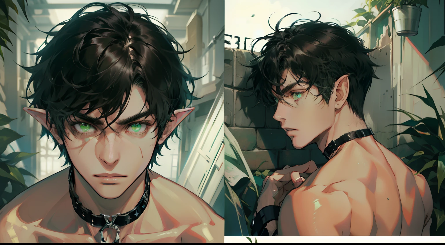 (absurdres, highres, ultra detailed), 1 male, elf adult, handsome, tall slender guy, narrow eyes, narrow shoulders, finely detailed eyes and detailed face, messy shaggy black hair, side bangs, bangs, green eyes, sexy twink, shirtless, final fantasy 14, dog collar, full body shot, backside, back view, submissive expression, bad boy