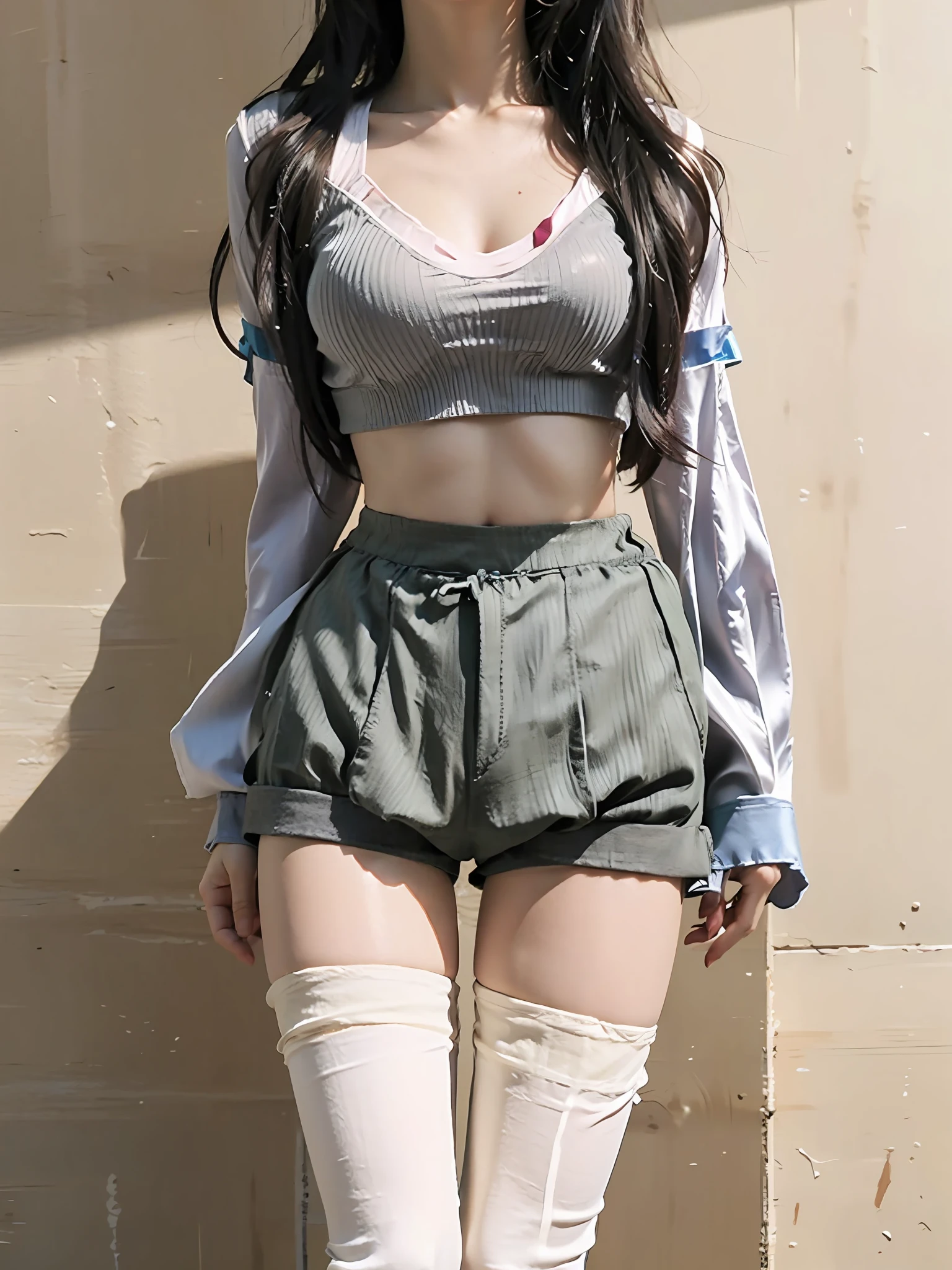 (Medium breast:1.4),Best quality,masterpiece,ultra high res,(photorealistic:1.4),1girl,(silk thigh highs:1.6),(short pants:1.5),(indoor:1.2),(sexy),(shirt:1.6),(crop top:1.4)