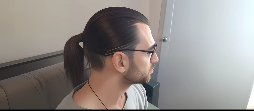 There's a man with a ponytail sitting on a couch, side of his head, hair worn out, back of his head, hair buzzing at his temple, 4 0 year old man, looking sideways, looking to the side, sideways, photo taken from behind, looking from the shoulder, photographed from the back, side view from a glove, view from behind. REALISTIC STYLE.