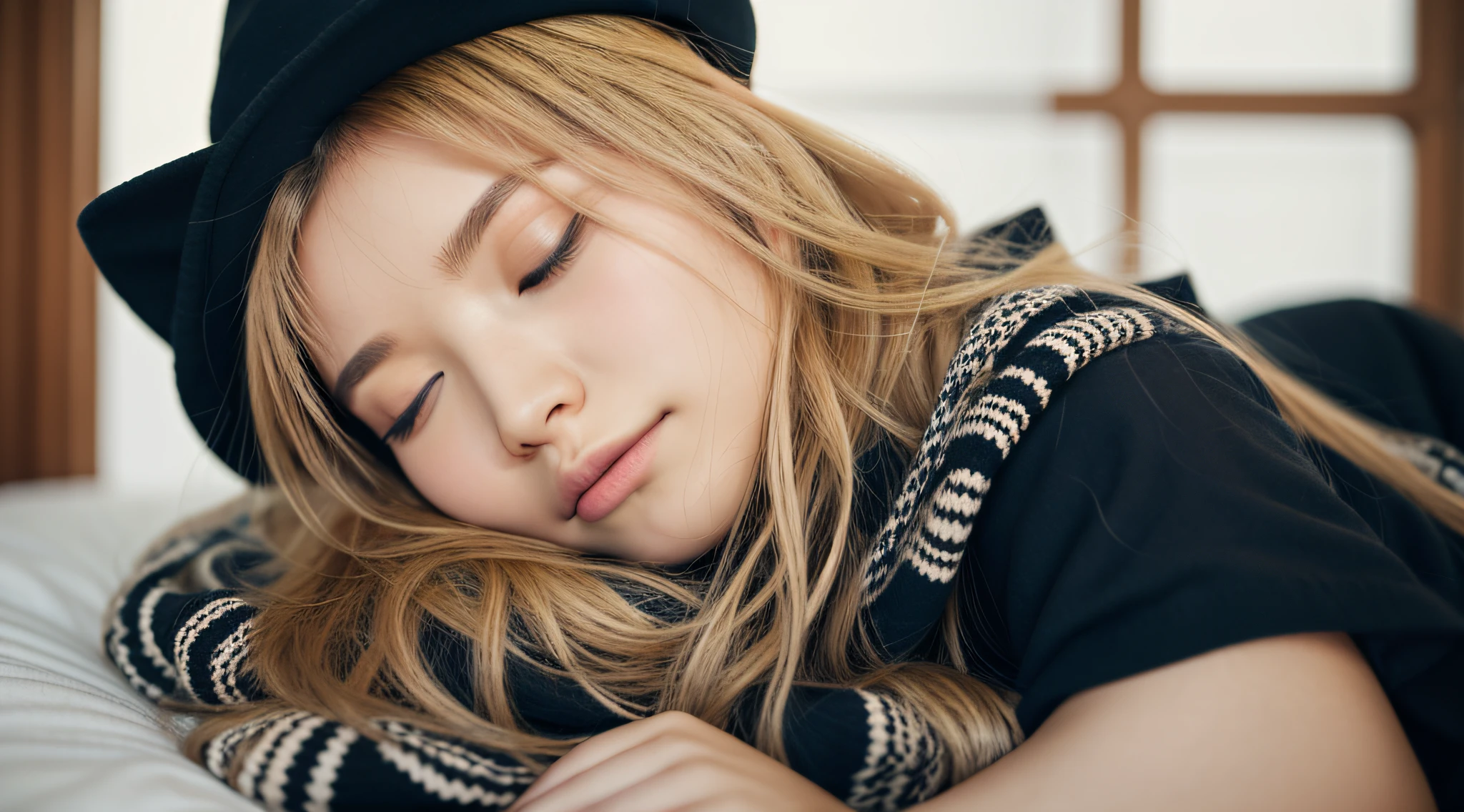 GIRL CHILD 12 YEARS, blonde with long hair TRANCE wearing a scarf and a hat, sleepy fashion model face, sleepy, sleepy expression, Marisa Kirisame, wearing cute BLACK scarf, prettier, sleeping, sick with a cold, Lalisa Manobal, Misa Amane *, very tired woman, sleeping, Takeyuki Kanda, Lalisa Manoban of blackpink