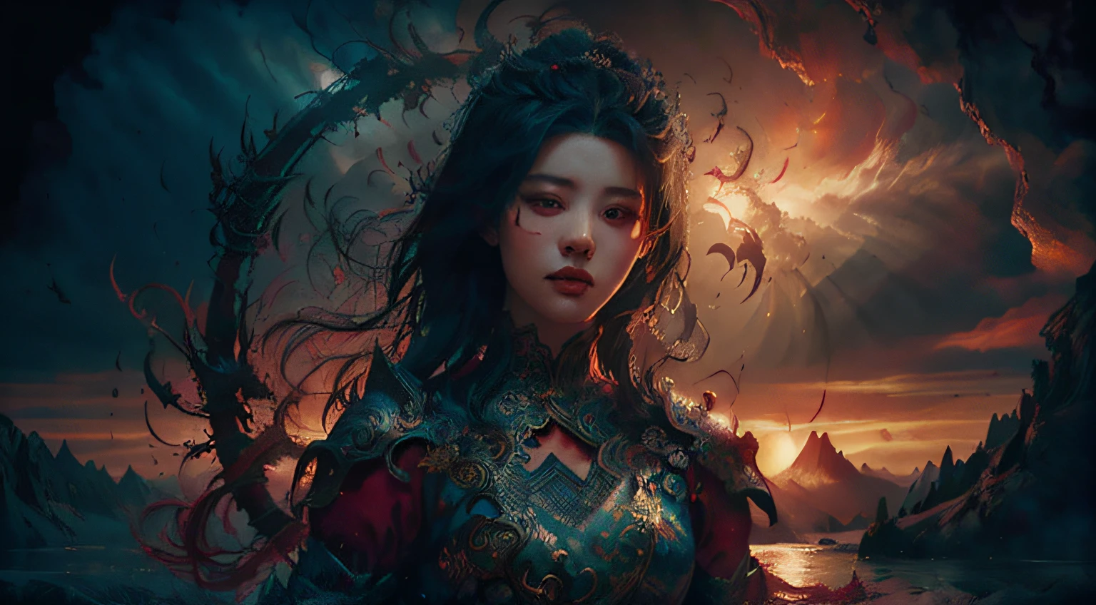 A stunning cinematic work of fantasy featuring a powerful and elegant female warrior, rising in a stunning dress in the colors red and white. She wields a majestic sword, ready for an epic battle in the enchanted kingdom of Avaloria. The artwork captures the exquisite character design inspired by the works of Alena Aenami and Artgerm, showcasing their distinctive style of fantasy art. This full-length illustration depicts the epic and refined nature of the character, drawing inspiration from the fantasy art styles found at Behance. It presents beautiful and captivating conceptual art, evoking memories of Magali Villeneuve's artworks, creating a truly mesmerizing piece. --auto