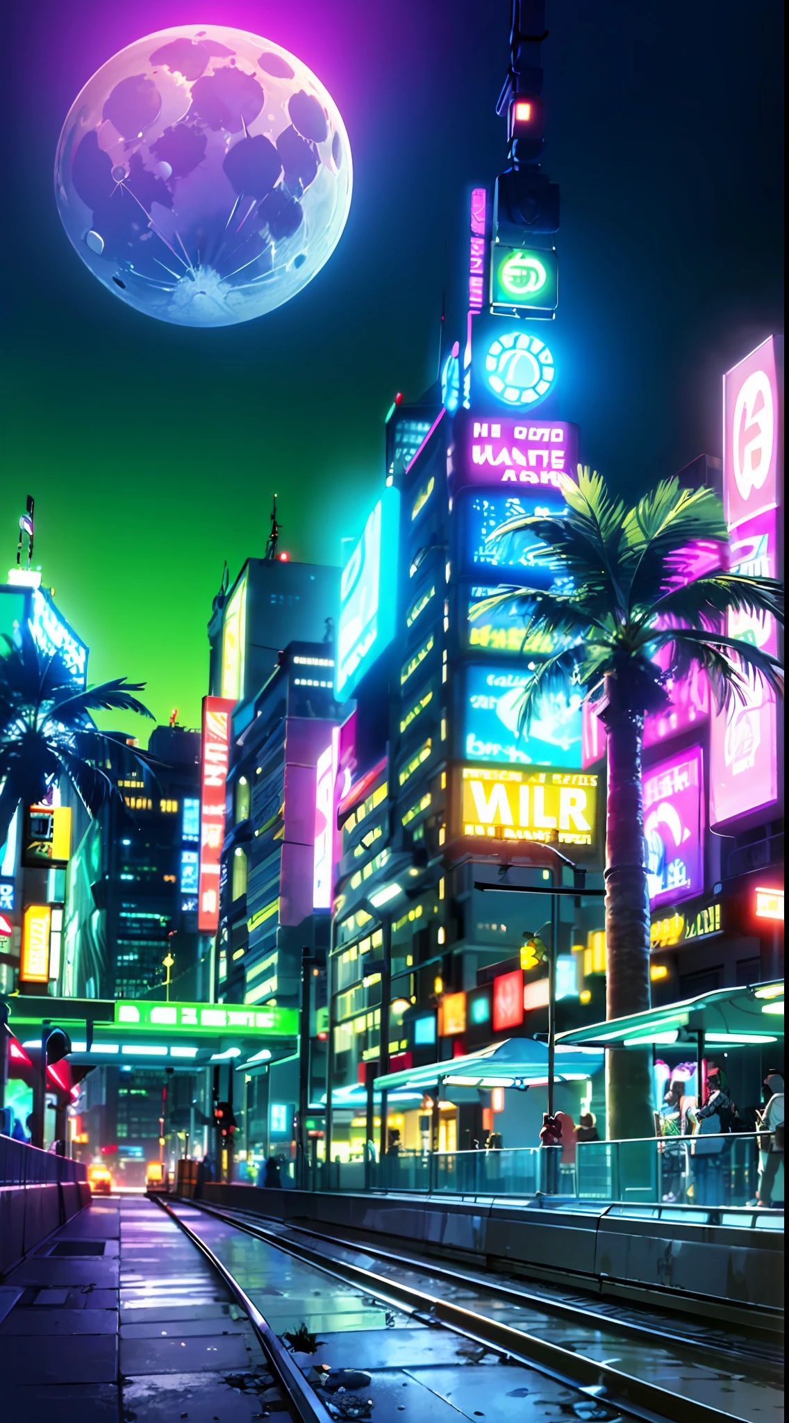 (masterpiece, detailed, high resolution:1.4), retrowave moon, train, open wet road, transformer, cyberpunk, cyberpunk 2077, cyberpunk night city neon background, sea, beach, palm trees, green-blue glitch effect, violet-pink neon glow, fluorescent yellow, light green, purple, mint