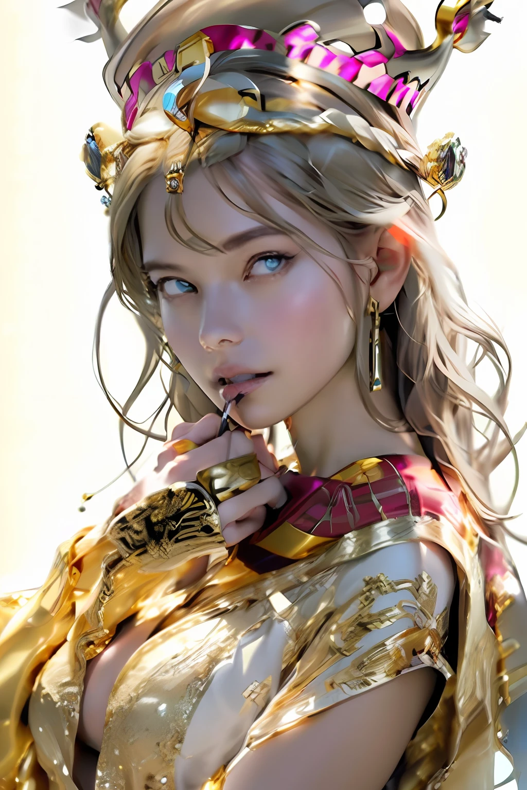 Ultra-detailed complex 3D rendering of the face, (masterpiece, top quality, octane rendering,), glamour shots, full body image, very beautiful young elves, cleavage, (highly detailed skin: 1.2), (exposure: 1.1), ((gold micro bikini studded with jewels: 1.95))))). 40k, (((very soft breasts)), (((noticeable large pink areola)), beautiful Caucasian woman with full soft breasts and dark skin with big buttocks, one, long braided hair, big breasts, dynamic angle, (((huge breasts: 2.4)), ultra-realistic photos, ((((blonde))), futuristic urban background, facial muscles, (((((detailed and glamorous gold crown)))), In the style of Marvel Comics, ArtStation Trends, Clear Focus, Intricate Detail, Highly Detailed, Detailed Red Eyes, Very Detailed, Sharp Focus, Digital Rendering, Professional, Abs, Lip Gloss, Glossy Skin,