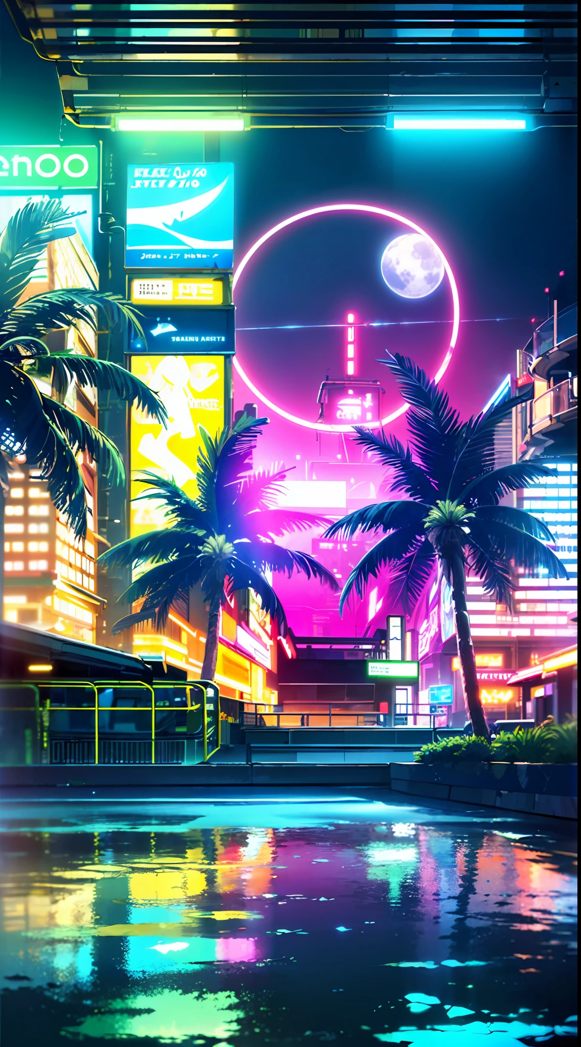 (masterpiece, detailed, high resolution:1.4), retrowave moon, train, open wet road, transformer, cyberpunk, cyberpunk 2077, cyberpunk night city neon background, sea, beach, palm trees, green-blue glitch effect, violet-pink neon glow, fluorescent yellow, light green, purple, mint
