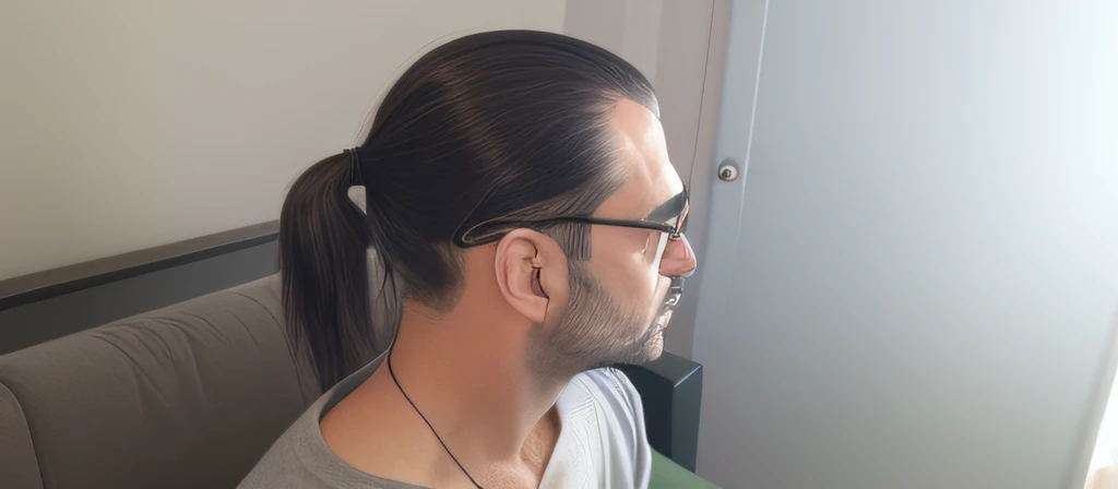 There's a man with a ponytail sitting on a couch, side of his head, hair worn out, back of his head, hair buzzing at his temple, 4 0 man, looking sideways, looking to the side, sideways, photo taken from behind, looking from the shoulder, photographed from the back, side view from a glove, view from behind. REALISTIC STYLE.