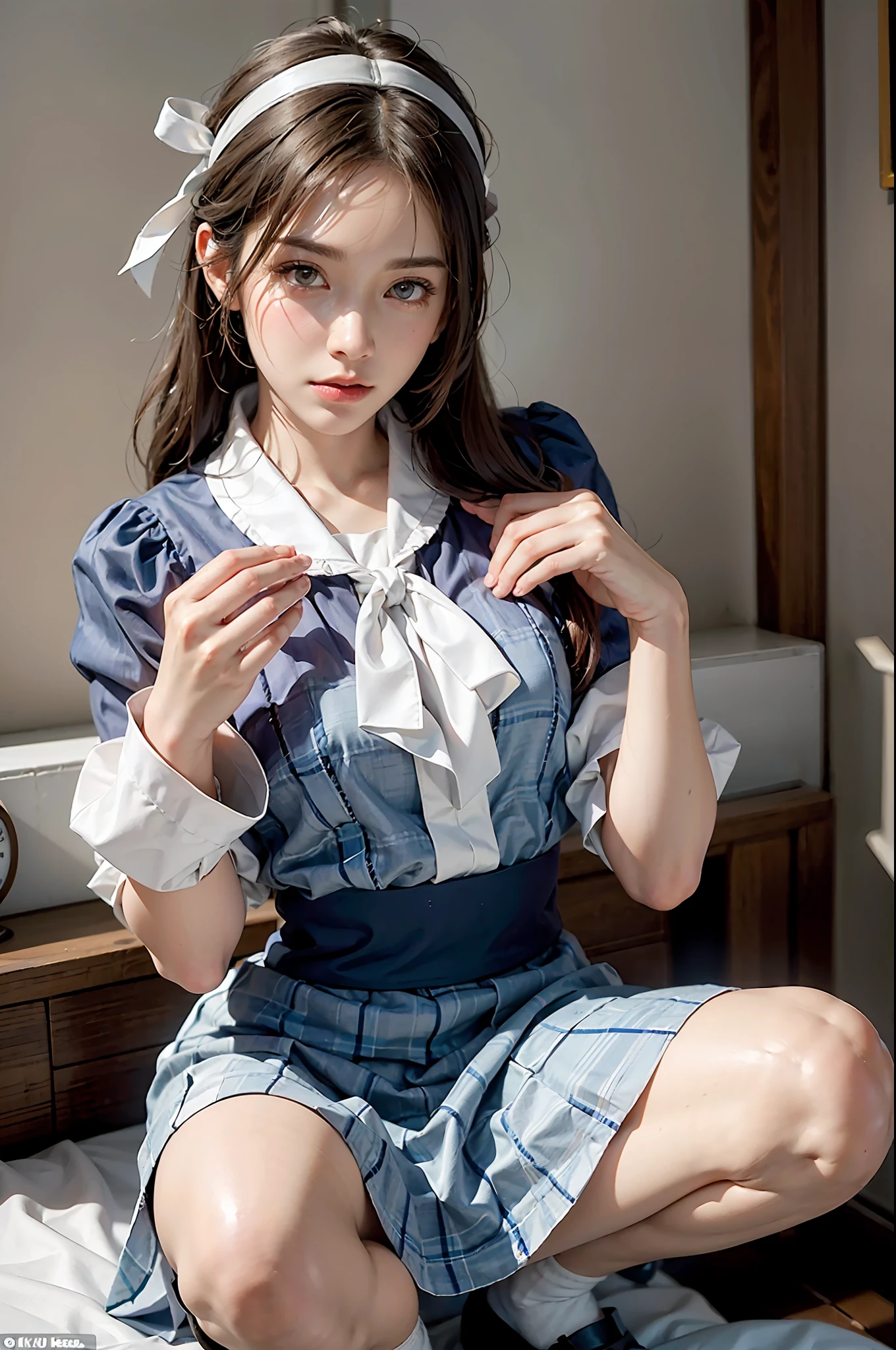 (Photoreal: 1.4), (Hyperrealistic: 1.4), (Realistic: 1.3), (Smooth Lighting: 1.05), (Improved Cinematic Lighting: 0.9), 32K, One Japan woman with a faint smile, realistic lighting, backlight, face lights, ray tracking, (Bright light: 1.2), (Quality improvement: 1.4), ( Top quality realistic textured skin: 1.4), fine detailed eyes, detailed face, fine quality eyes, dark brown eyes, (tired, sleepy and satisfied: 0.0), pale lighting, headband in hair, blouse with white ruffles, ribbon tie, navy blue long skirt, shiny silk white ankle socks, white background, holding bouquet in hand, squatting with legs on bed