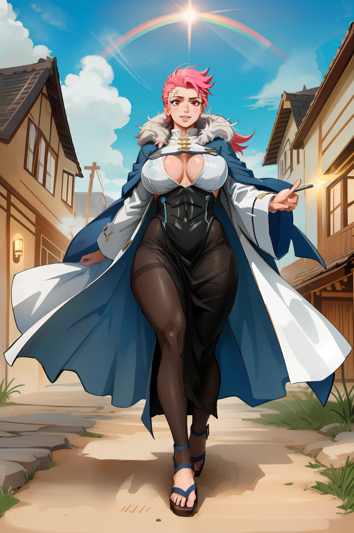 (masterpiece, best quality), intricate details, 1girl, zarya,Gothic, huge chest, tall woman, curved, f, long hair,alone, , forest city, plants, walking, smile, smile, ,fur clothes, wizard, medieval, village,tights, portrait, long skirt, long dress, flip-flops, , huge breast, , , 1gir,1character, walking,long skirt, red eyes, walking,female,fantasy goddess,there is a cartoon picture of a woman with a very large breast, glowing angelic being, glowing holy aura, inspired by Luma Rouge, the non-binary deity of spring, ethereal rainbow nimbus, the butterfly goddess of fire, inspired by Marie Angel, glowing aura around her, astral fairy, as the goddess of the sun, “uwu the prismatic person, big breast, happy, beautiful eyes, , full body, walking, long robe, long dre, , nun, priestess ,holy, venus body, curvy, huge breast, forest, long skirt, coat, very long skirt,coat, europe, france, french, pantyhose, walking, pink hair, smile, happy,long skirt , long dres, curvy, huge breast, muscle girl