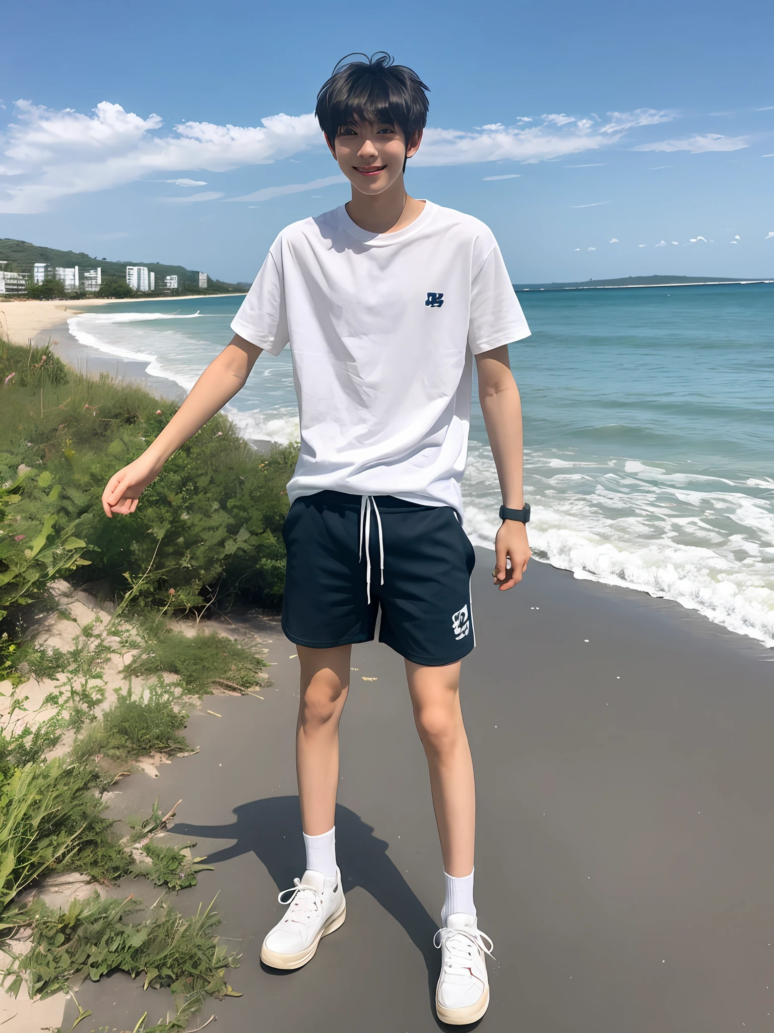 A teenager, beach shorts,1boy