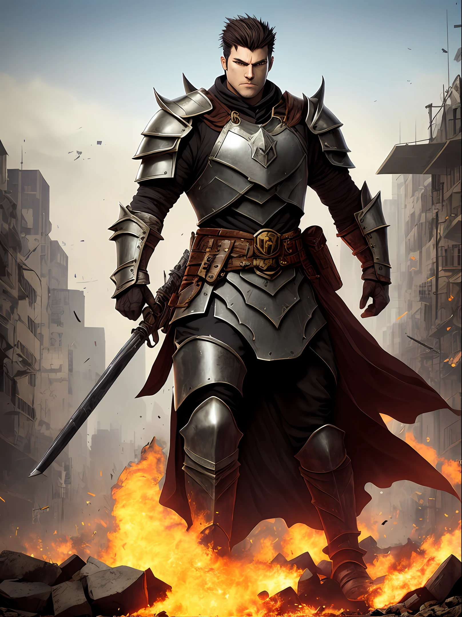 Aldric, a handsome and intimidating warrior with shaggy brown hair and piercing amber eyes, finds himself in a city dominated by a corrupt king and his oppressive army. His imposing presence and black armor reflect his determination to fight for justice. With scars from past battles, he carries with him the hope of freeing the population from oppression and becoming a symbol of courage and resistance.