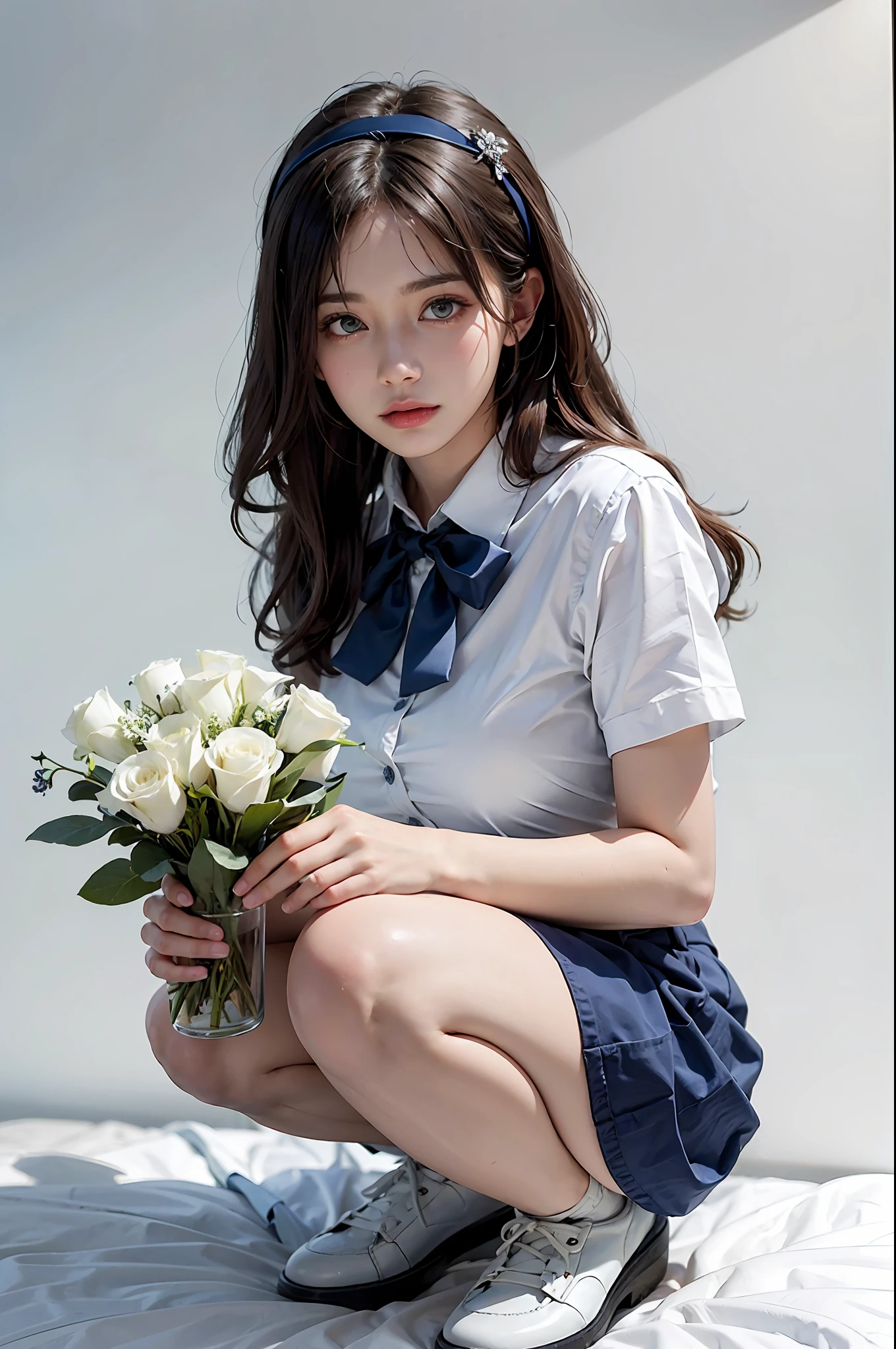 (realisitic、Photorealsitic:1.4), (8K、Raw photography、top-quality、​masterpiece:1.2)、cute little、ultra-detailliert、Heart-shaped pupil、physically-based renderingt、超A high resolution、Look at viewers、Photorealistic、Realistic、Solo, Photorealistic、top-quality、extra detailed face、extremely detailed eye and face、beatiful detailed eyes、 Adult woman in Lolita style posing for photo, Erotic look, Full body!!, angelic pretty, A dark-haired、pale-blue、Erotic Poses, white  panties, White ruffled socks, (Standing Pose), Background of the majestic temple