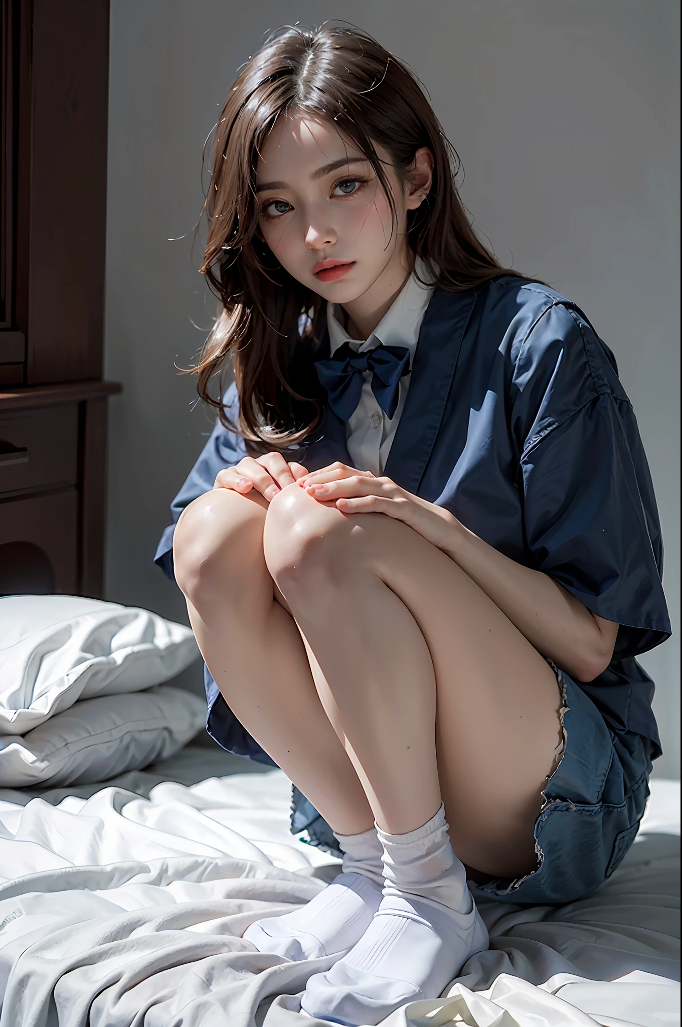(Photoreal: 1.4), (Hyperrealistic: 1.4), (Realistic: 1.3), (Smooth Lighting: 1.05), (Improved Cinematic Lighting: 0.9), 32K, One Japan woman with a faint smile, realistic lighting, backlight, face lights, ray tracking, (Bright light: 1.2), (Quality improvement: 1.4), ( Top quality realistic textured skin: 1.4), fine detailed eyes, detailed face, fine quality eyes, dark brown eyes, (tired, sleepy and satisfied: 0.0), pale lighting, white blouse, bow tie, navy blue skirt, silk white ankle socks rim rolled up and worn, white background, squatting with legs on bed