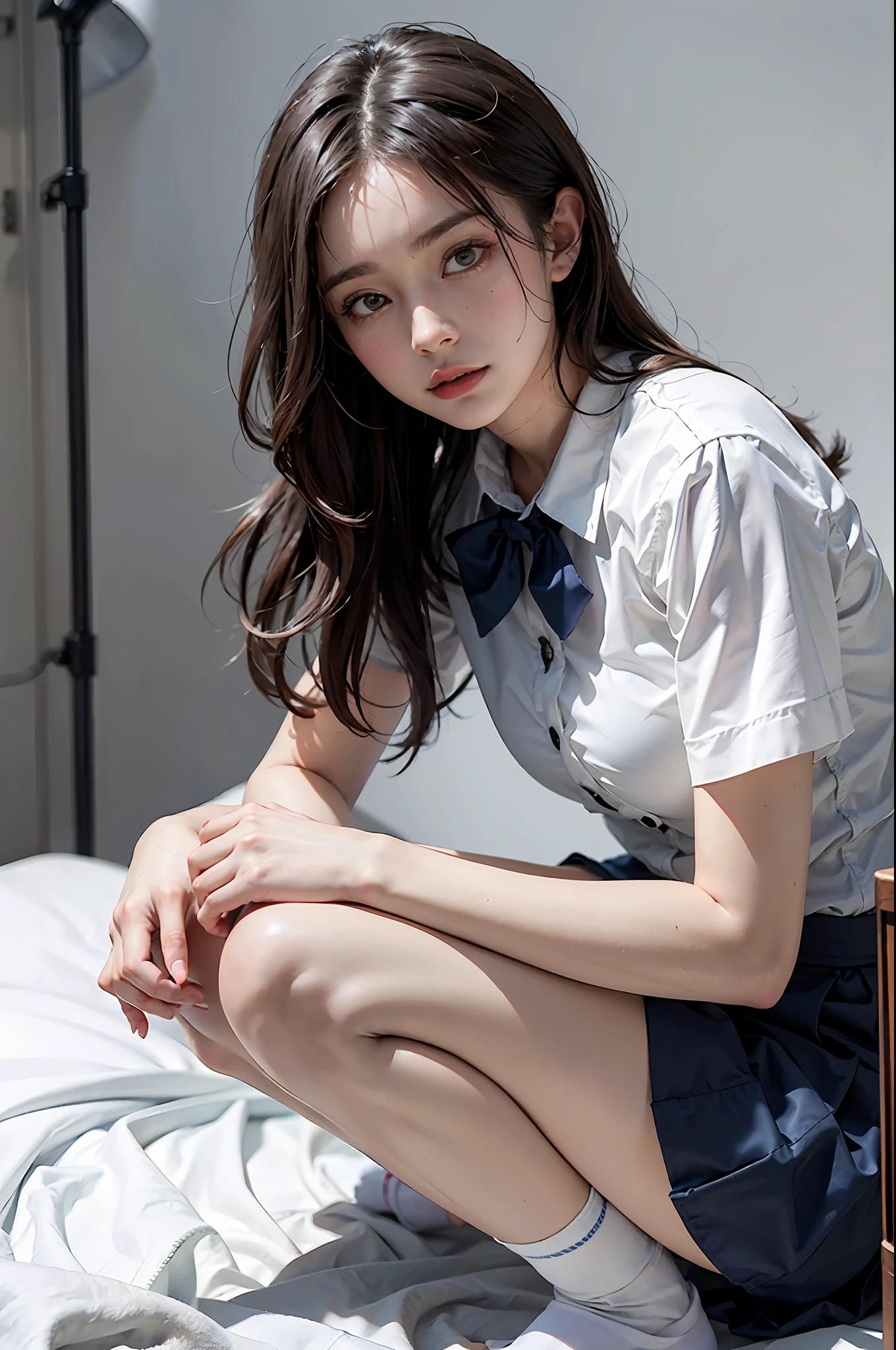(Photoreal: 1.4), (Hyperrealistic: 1.4), (Realistic: 1.3), (Smooth Lighting: 1.05), (Improved Cinematic Lighting: 0.9), 32K, One Japan woman with a faint smile, realistic lighting, backlight, face lights, ray tracking, (Bright light: 1.2), (Quality improvement: 1.4), ( Top quality realistic textured skin: 1.4), fine detailed eyes, detailed face, fine quality eyes, dark brown eyes, (tired, sleepy and satisfied: 0.0), pale lighting, white blouse, bow tie, navy blue skirt, silk white ankle socks rim rolled up and worn, white background, squatting with legs on bed