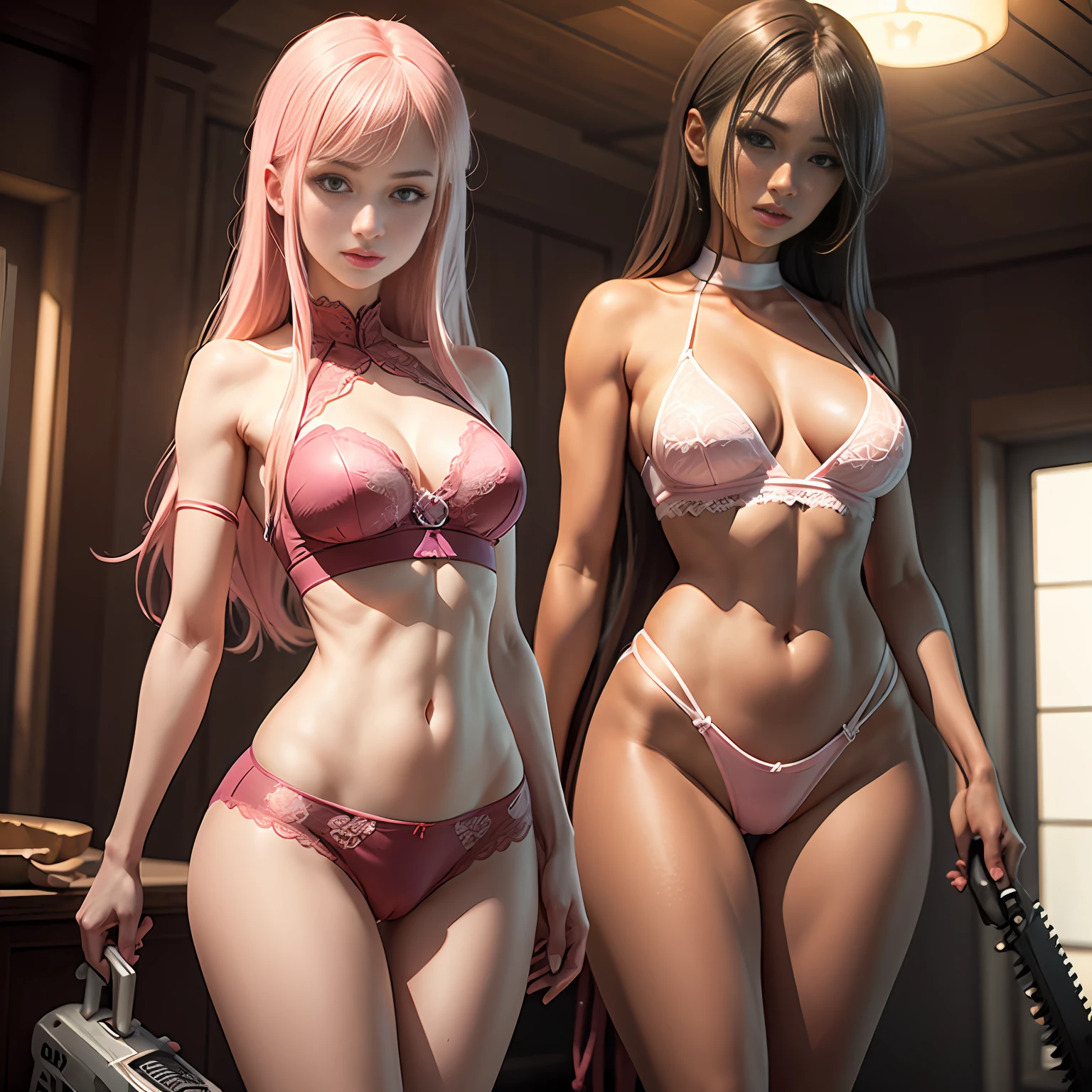 revealing, 1 beautiful woman, medium breasts, long hair, sculptural body, lace, g rope, tiny top, pink outfit, cameltoe, sensual, beautiful, slender, detailed fingers, anime, makima\(chainsaw man\)