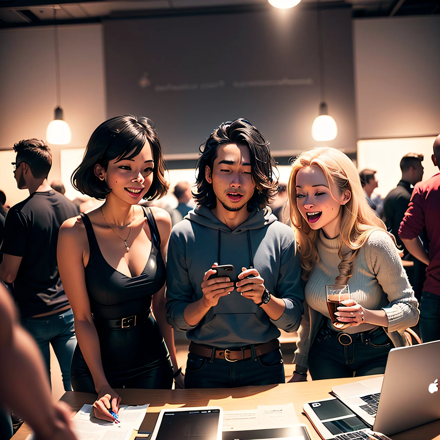 Create a high-definition image of a group of digital influencers at a social media networking event. They should be interacting enthusiastically, sharing content, and engaging with their audience in an engaging way. The image should convey an atmosphere of animation and authenticity. --auto