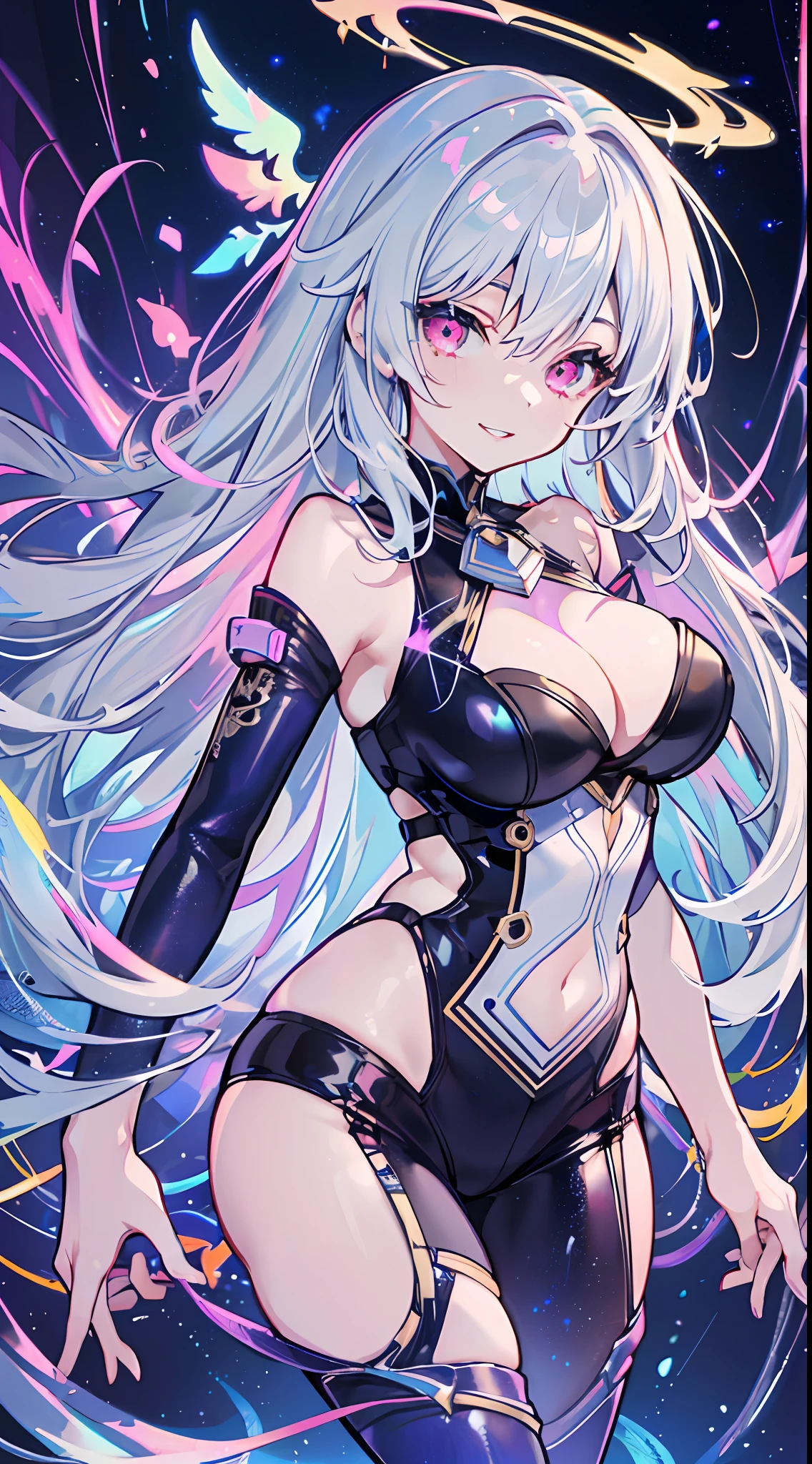 (Masterwork), (Best Quality), (4k), (Incredibly detailed CG illustration masterpiece), best quality, ultra-detailed, high resolution, extremely detailed cg, anime picture, unity 8k wallpaper, pov, (thick thighs), White Hair, Red Eyes, 1 girl, Pale Skin, Two-Tone Hair, Eyelashes, Smile, Gleaming Skin, Shiny Hair, Long Hair, Night Sky, Nebula, Galaxy, looking at you, anime, beautiful anime eyes, beautiful detailed eyes, eyes, glittering eyes, perfect body, perfect lips, perfect nose, perfect eyes, Neon, Neon Lights, Bright Colors, Toga, Angelic, Halo, Dancing Costume, Dancing Outfit, Fantasy