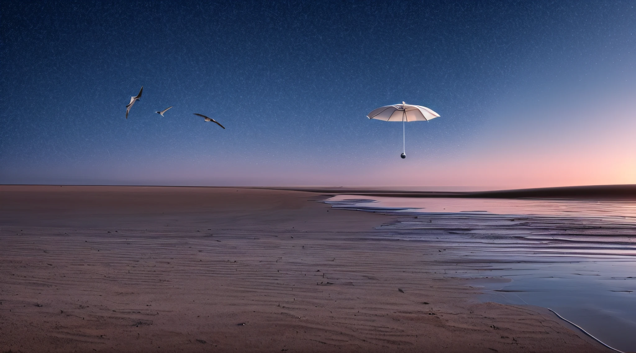 A deserted beach at twilight, with a mystical aura surrounding an ethereal white parasol. The sky is a dusky blend of deep purples and oranges, casting an otherworldly glow. The sand appears grey and mysterious, as if concealing secrets beneath its surface. Waves crash against the shore, their sound echoing through the serene silence. A few seagulls hover in the fading light, their presence lending an air of enchantment. The wide-angle 16:9 composition adds to the sense of wonder and invites viewers to step into a world of fantasy. Illustration, digital art