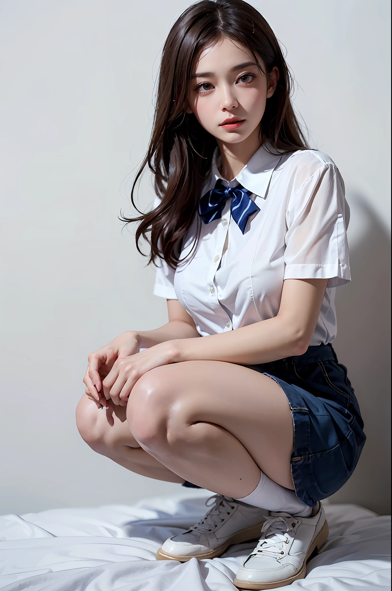 Arafed asian woman in a white shirt and blue tie sitting on a bed ...