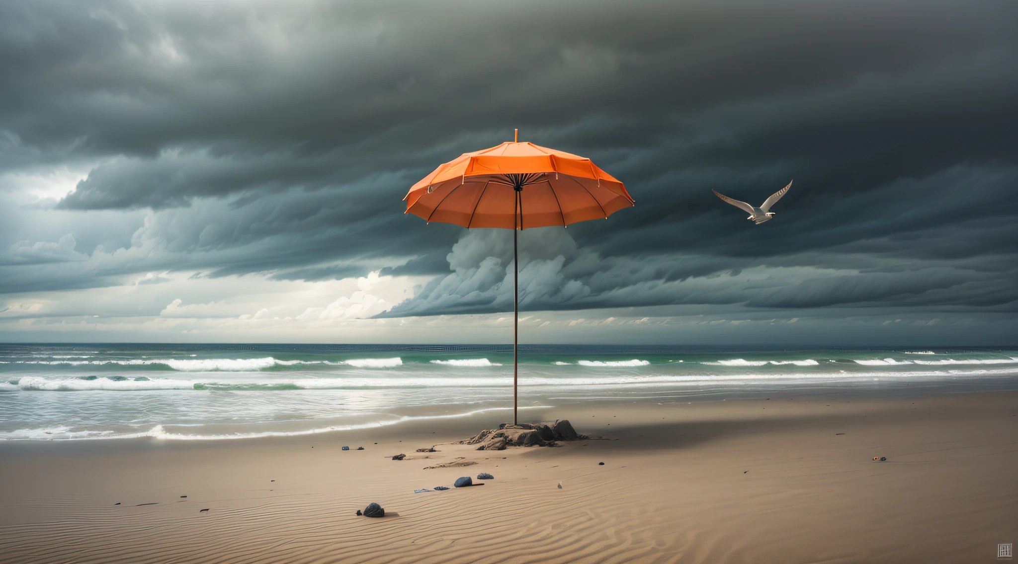 An isolated beach with an abandoned parasol standing alone against the backdrop of a stormy sky. The orange parasol stands out starkly against the desolate grey sand, creating a sense of solitude and vulnerability. The waves crash onto the shore, creating an atmosphere of wildness and unpredictability. A few seagulls hover in the air, their presence accentuating the desolation of the scene. The wide-angle 16:9 composition intensifies the feeling of isolation, emphasizing the contrast between the parasol and the vast, untamed environment. Painting, acrylic on canvas,