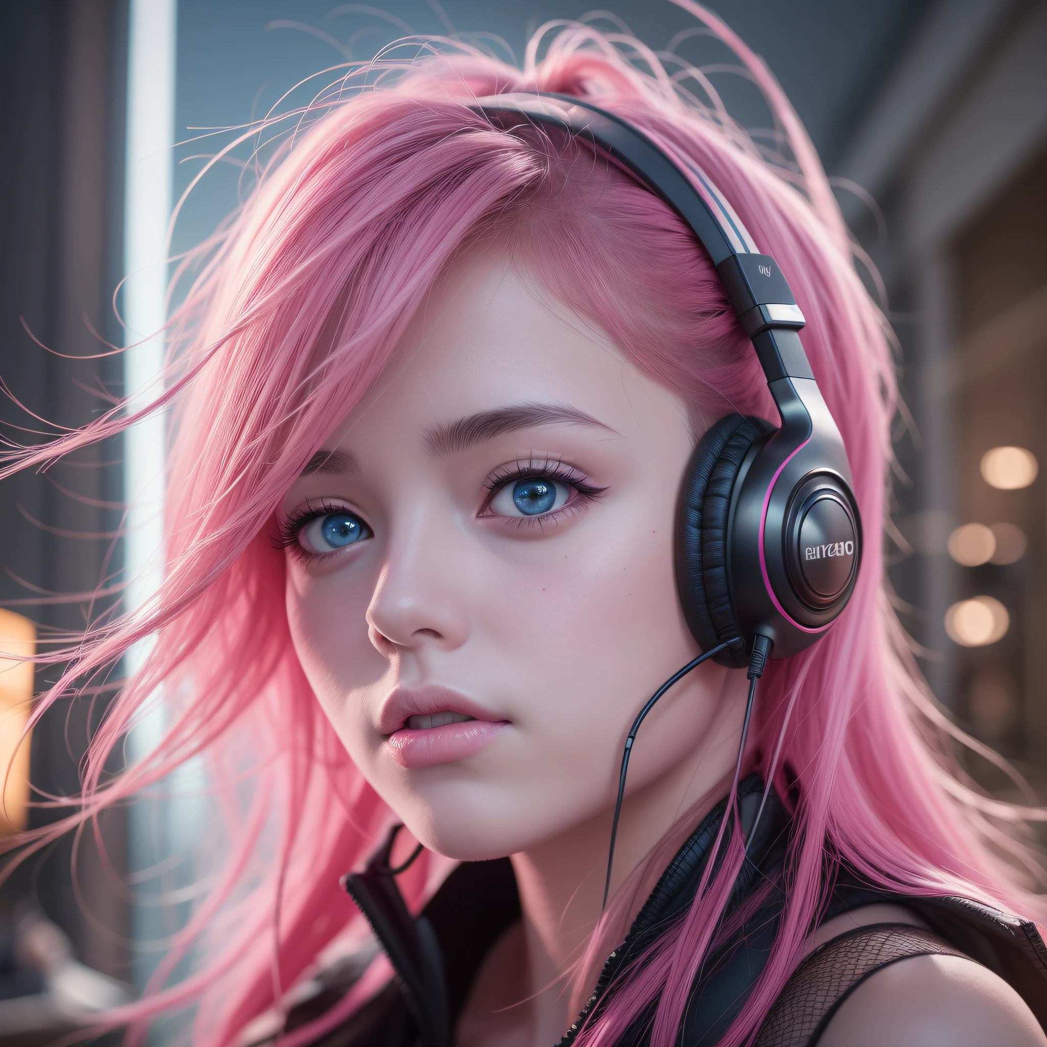 girl with headphones,pink hair blue eyes Cyberpunk,8K extremely detailed, smooth, high resolution, ultra quality, highly detailed eyes, highly detailed mouth, highly detailed face, perfect eyes, both eyes are equal, true light, brightness, iridescent, global lighting, real hair movement, real light, real shadow, real face, hd, 2k, 4k, 8k, 16k, realistic light, realistic shadow, bright eyes, fluorescent eyes, soft light, dream light,anime, 3d, japan, pixar, masterpiece, best quality, half body, portrait, night city