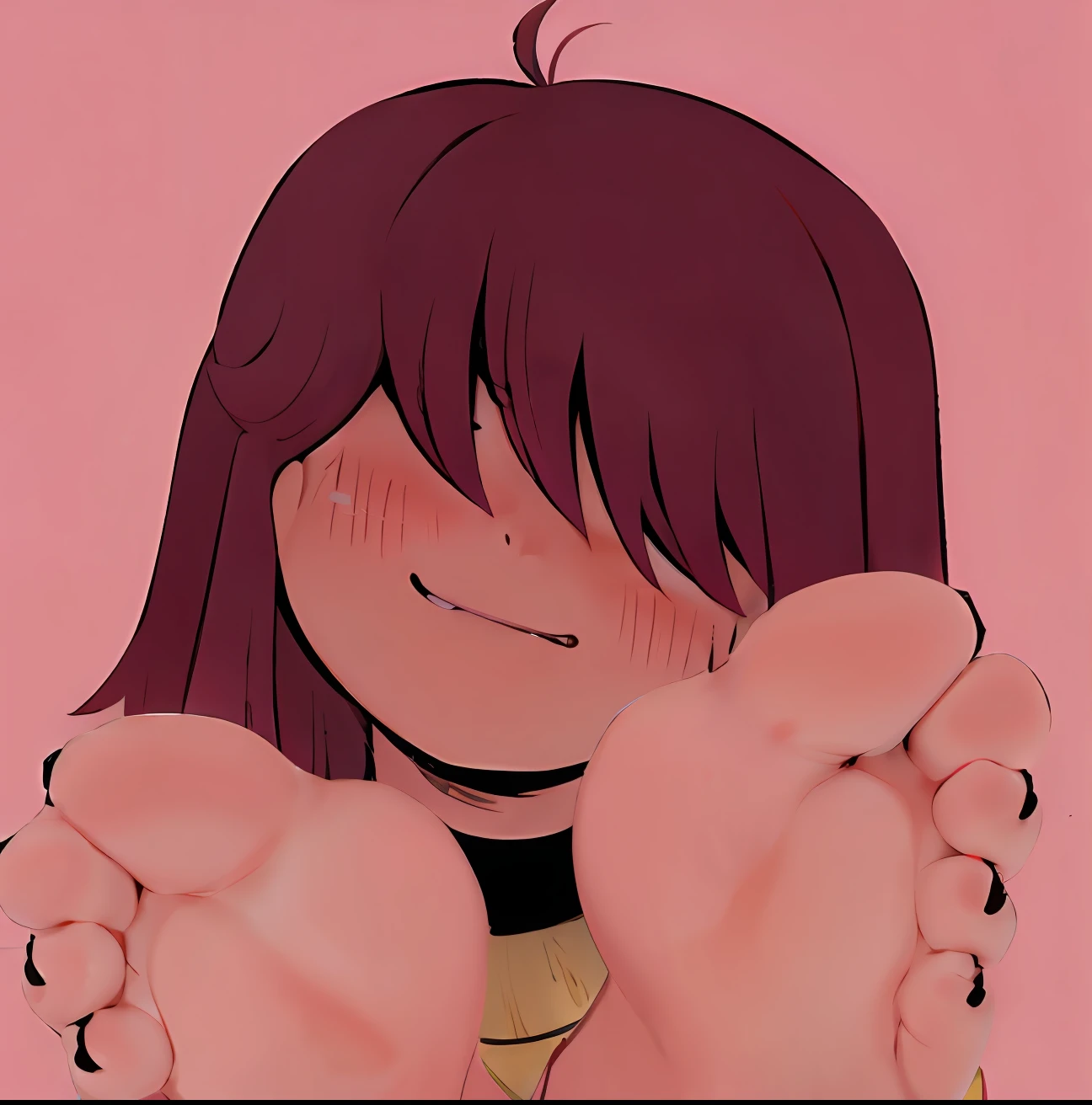 brown hair, eyes covered, blushing, feet, soles, black nail polish, evil grin, hd, highres