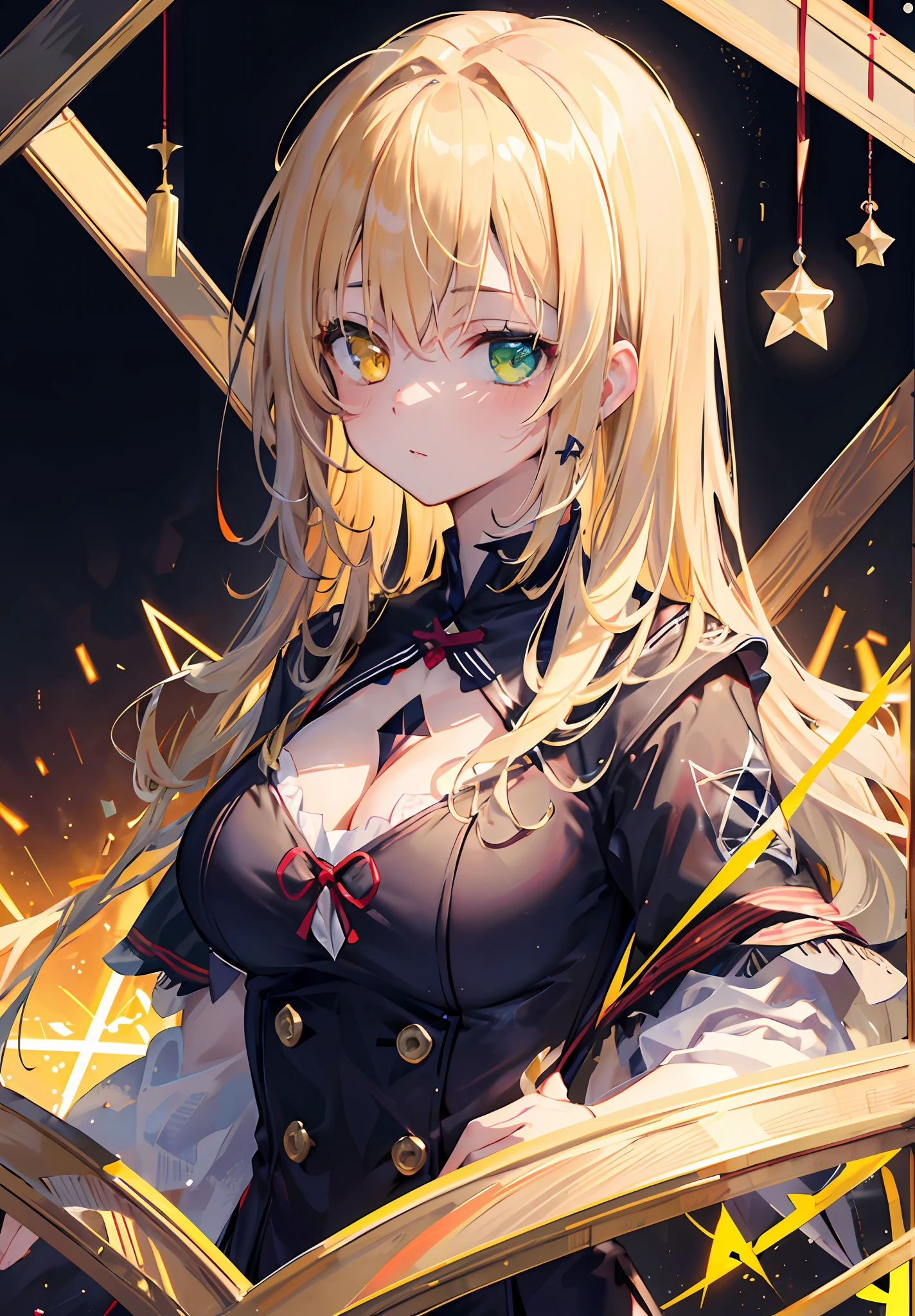 ((masterpiece)), ((ultra-detailed)), pixiv, best shadows, better lighting, best quality, cinematic shot, rim flash, solo, abstract, 1girl, looking at viewer, black background, pentagram, bangs, green eyes, blond hair, portrait, heterochromia, hexagram, yellow eyes, big breasts, sexy body