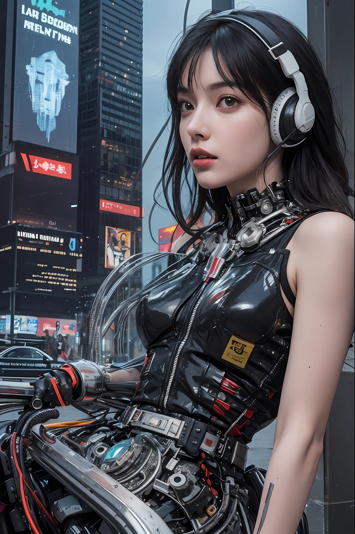 Top Quality, Masterpiece, Ultra High Resolution, (Photorealistic: 1.4), Raw Photo, 1 Girl, Black Hair, Glossy Skin, 1 Mechanical Girl, (Ultra Realistic Detail)), Portrait, Global Illumination, Shadows, Octane Rendering, 8K, Ultra Sharp, Big, Cleavage Exposed Raw Skin, Metal, Intricate Ornament Details, Headset, Hydraulic cylinder, very intricate details, realistic light, CGSoation trend, purple eyes, glowing eyes, facing the camera, neon details, mechanical limbs, blood vessels connected to the tube, mechanical vertebrae attached to the back, mechanical cervical attachment to the neck, sitting, wires and cables connecting to the head, evangelion, cyberpunk, small LED lamp, Futuristic skyscrapers, flying cars, mechanical airships in the background
