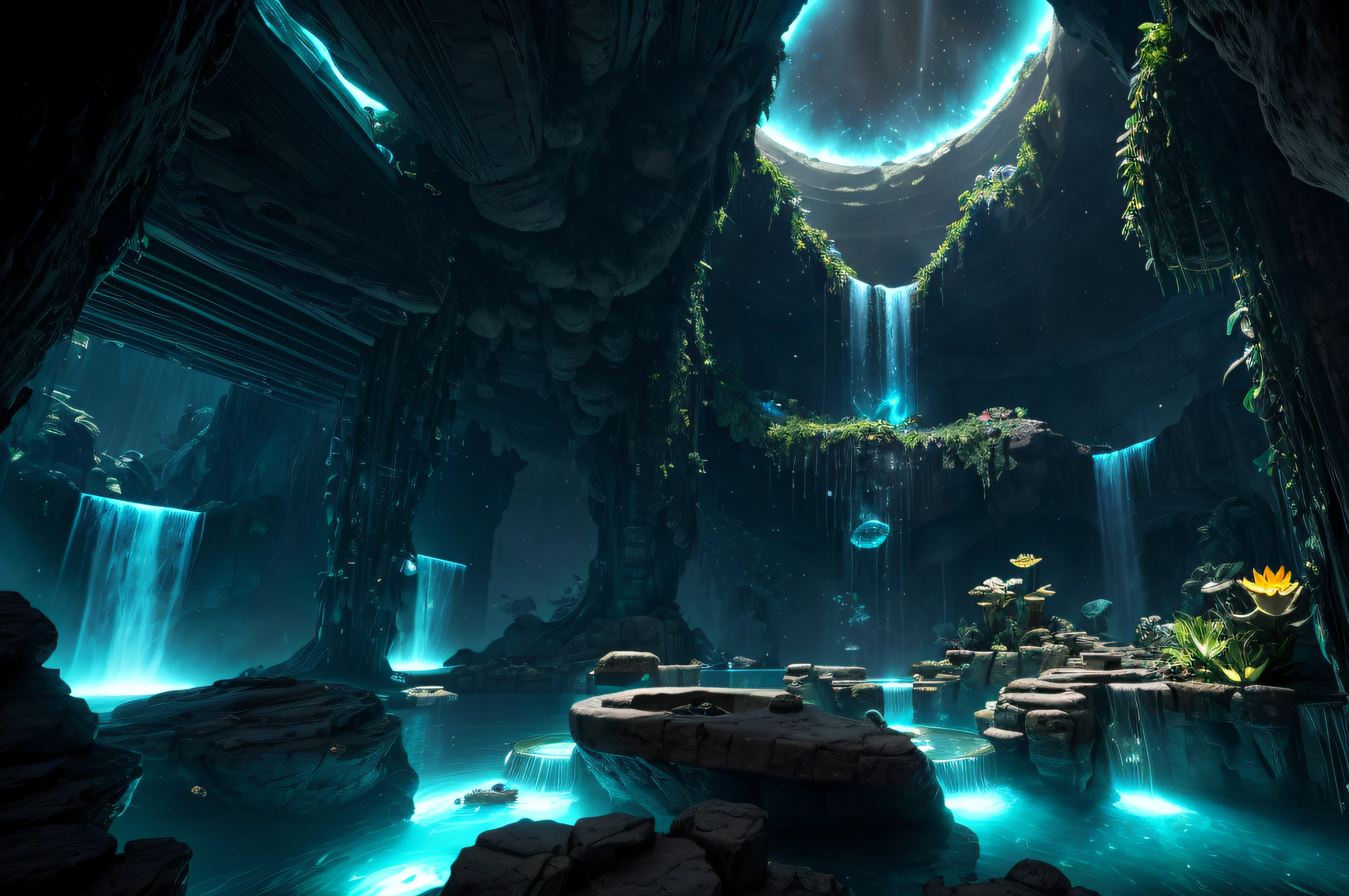incredible Na'vi inspired black luxurious futuristic interior in Ancient Egyptian style with many lush plants (lotus flowers:1.5, palm trees:2, rocky walls, sand:1.5, waterfalls:1.2), (incredible ultra-luxurious furniture made out of precious minerals, metals, gemstones and jewels:1.5), marble, precious minerals: 2, metals, gemstones, crystals, clouds and water, crocodiles, hieroglyphics:1.5, ultra luxury:2, black marble – with beautiful lights:1.5, Unreal Engine, HQ, 16k